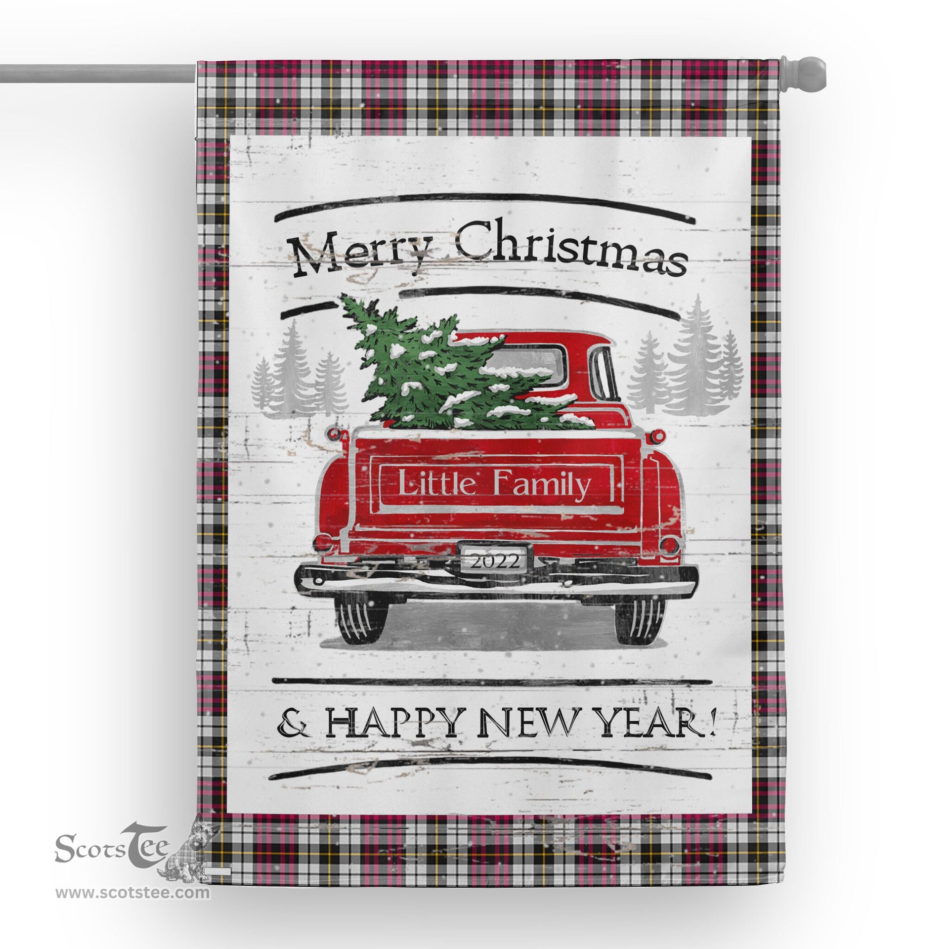 Tartan House Flag Vintage Red Truck with Christmas Tree Family Scottish Clan Little Dress Tartan Flag, Tartan Garden Flag, Tartan House Flag, Tartan Flag, Crest Garden Flag, Garden Flag, Ireland Garden Flag, Family Crest, Custom Flag, Custom Garden Flag, Ireland Custom Flag, Clan Tartan Flags