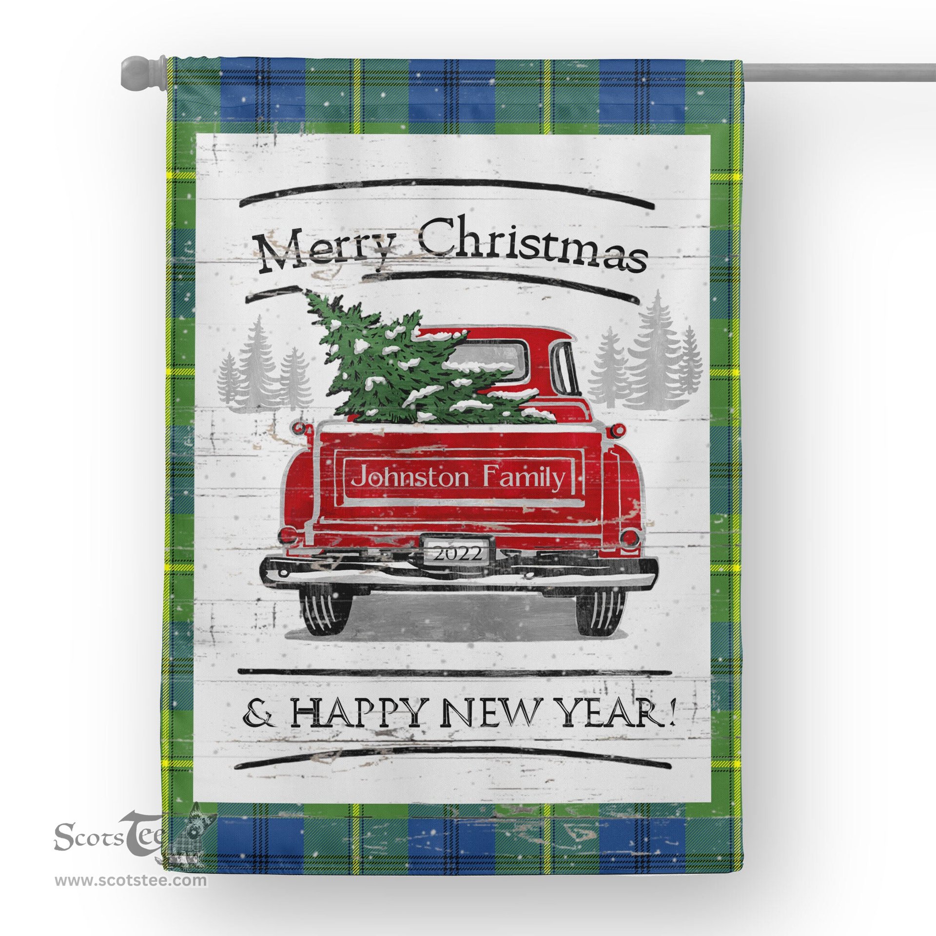 Tartan House Flag Vintage Red Truck with Christmas Tree Family Scottish Clan Johnston Ancient Tartan Flag, Tartan Garden Flag, Tartan House Flag, Tartan Flag, Crest Garden Flag, Garden Flag, Ireland Garden Flag, Family Crest, Custom Flag, Custom Garden Flag, Ireland Custom Flag, Clan Tartan Flags
