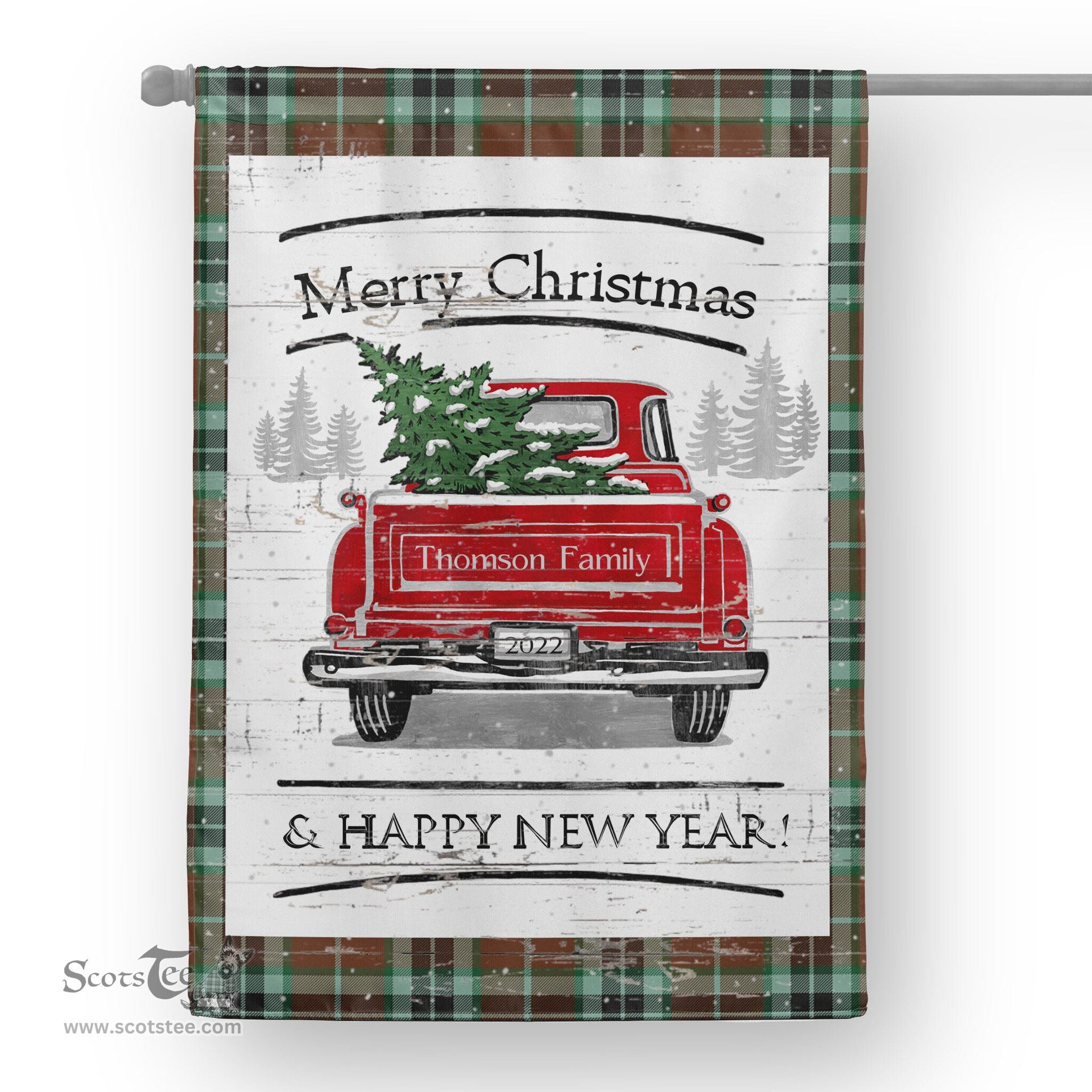 Tartan House Flag Vintage Red Truck with Christmas Tree Family Scottish Clan Thomson Hunting Modern Tartan Flag, Tartan Garden Flag, Tartan House Flag, Tartan Flag, Crest Garden Flag, Garden Flag, Ireland Garden Flag, Family Crest, Custom Flag, Custom Garden Flag, Ireland Custom Flag, Clan Tartan Flags
