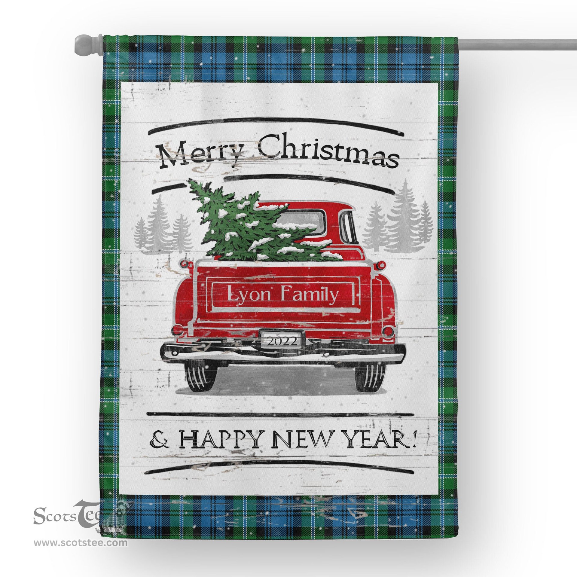 Tartan House Flag Vintage Red Truck with Christmas Tree Family Scottish Clan Lyon Hunting Tartan Flag, Tartan Garden Flag, Tartan House Flag, Tartan Flag, Crest Garden Flag, Garden Flag, Ireland Garden Flag, Family Crest, Custom Flag, Custom Garden Flag, Ireland Custom Flag, Clan Tartan Flags