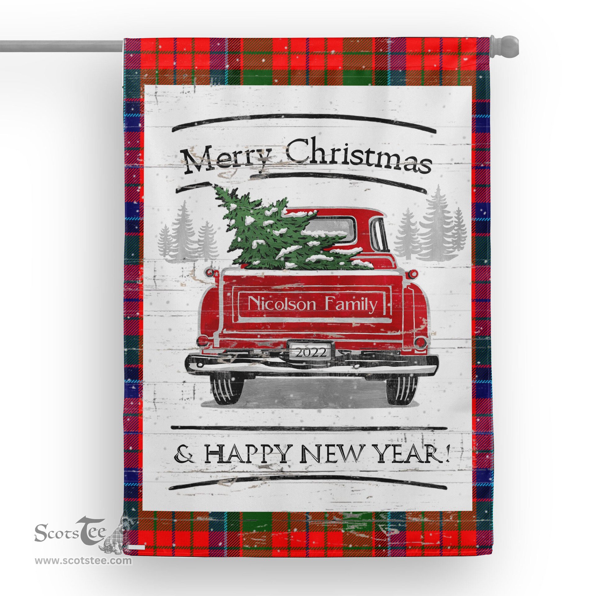 Tartan House Flag Vintage Red Truck with Christmas Tree Family Scottish Clan Nicolson Tartan Flag, Tartan Garden Flag, Tartan House Flag, Tartan Flag, Crest Garden Flag, Garden Flag, Ireland Garden Flag, Family Crest, Custom Flag, Custom Garden Flag, Ireland Custom Flag, Clan Tartan Flags