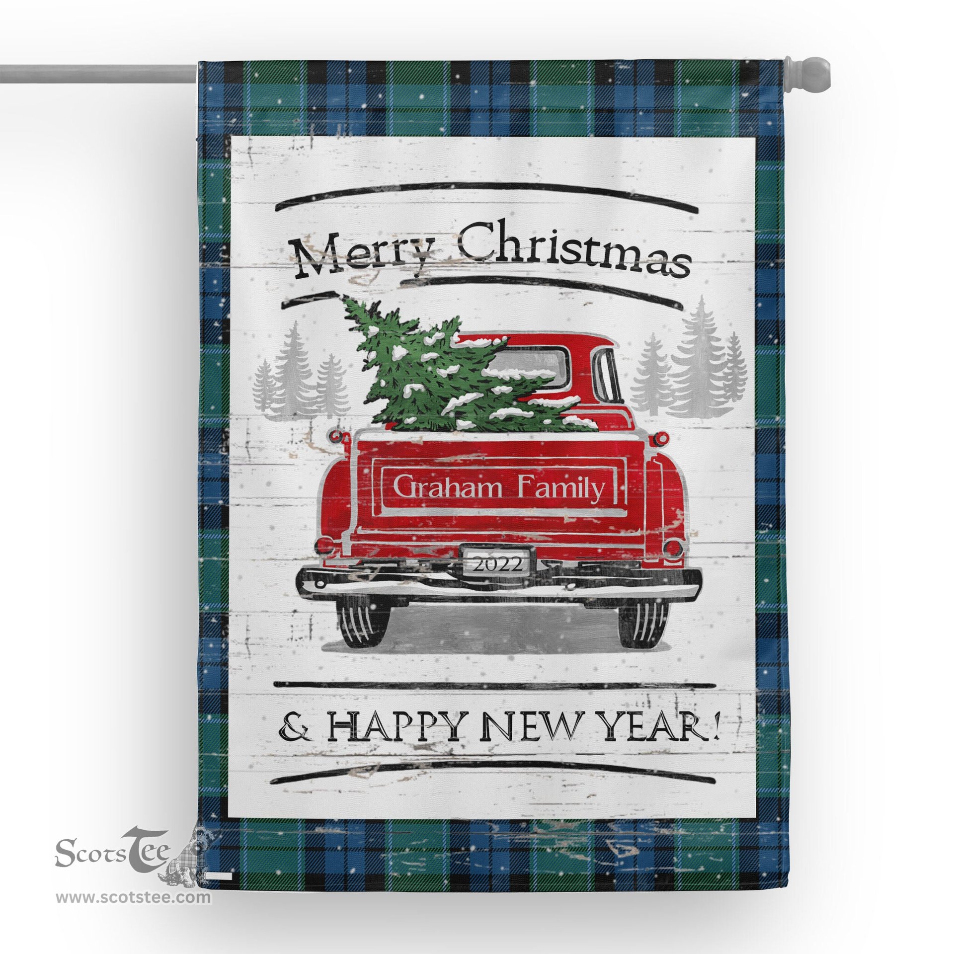 Tartan House Flag Vintage Red Truck with Christmas Tree Family Scottish Clan Graham Of Menteith Ancient Tartan Flag, Tartan Garden Flag, Tartan House Flag, Tartan Flag, Crest Garden Flag, Garden Flag, Ireland Garden Flag, Family Crest, Custom Flag, Custom Garden Flag, Ireland Custom Flag, Clan Tartan Flags