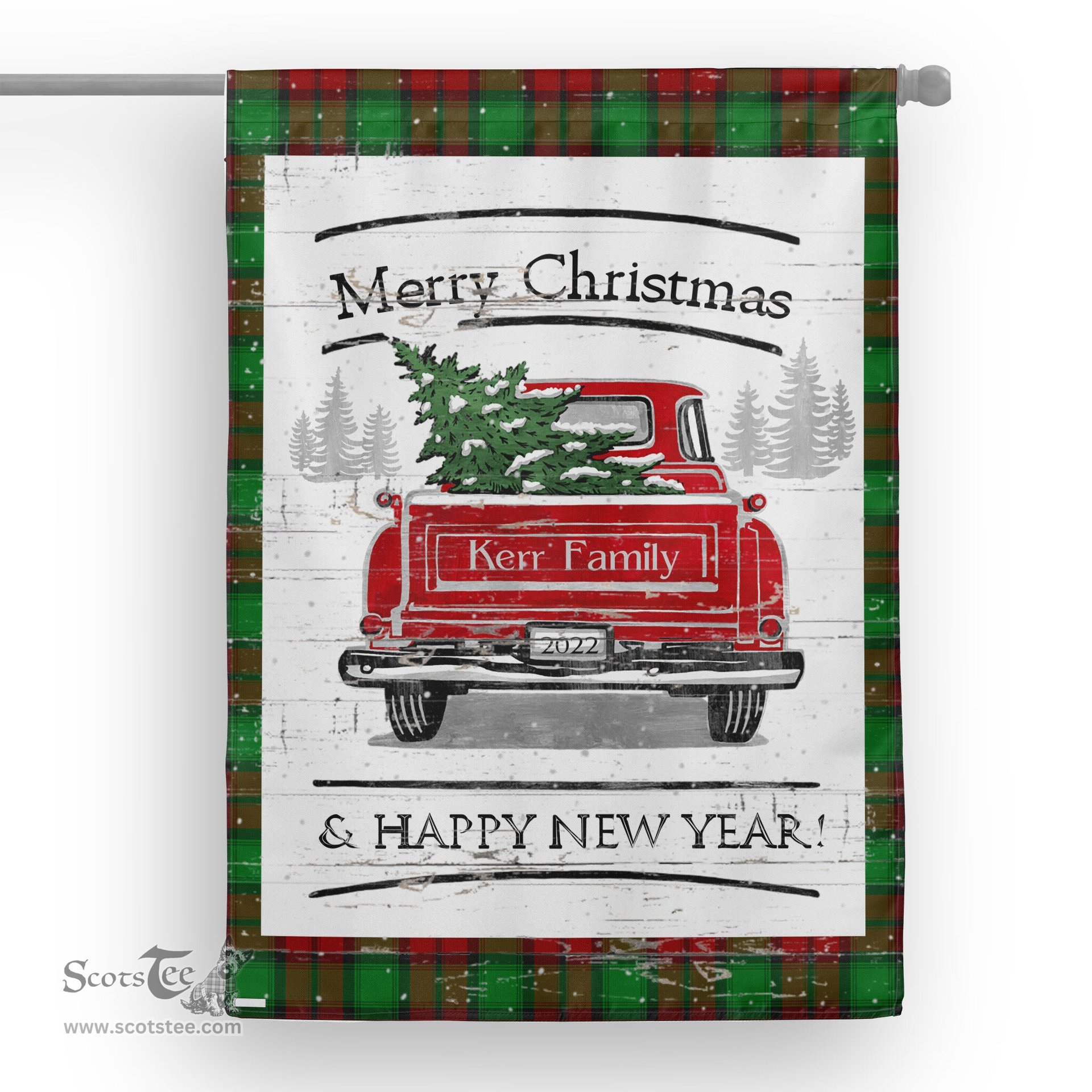 Tartan House Flag Vintage Red Truck with Christmas Tree Family Scottish Clan Kerr Modern Tartan Flag, Tartan Garden Flag, Tartan House Flag, Tartan Flag, Crest Garden Flag, Garden Flag, Ireland Garden Flag, Family Crest, Custom Flag, Custom Garden Flag, Ireland Custom Flag, Clan Tartan Flags
