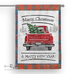 Tartan House Flag Vintage Red Truck with Christmas Tree Family Scottish Clan Robertson Ancient Tartan Flag, Tartan Garden Flag, Tartan House Flag, Tartan Flag, Crest Garden Flag, Garden Flag, Ireland Garden Flag, Family Crest, Custom Flag, Custom Garden Flag, Ireland Custom Flag, Clan Tartan Flags