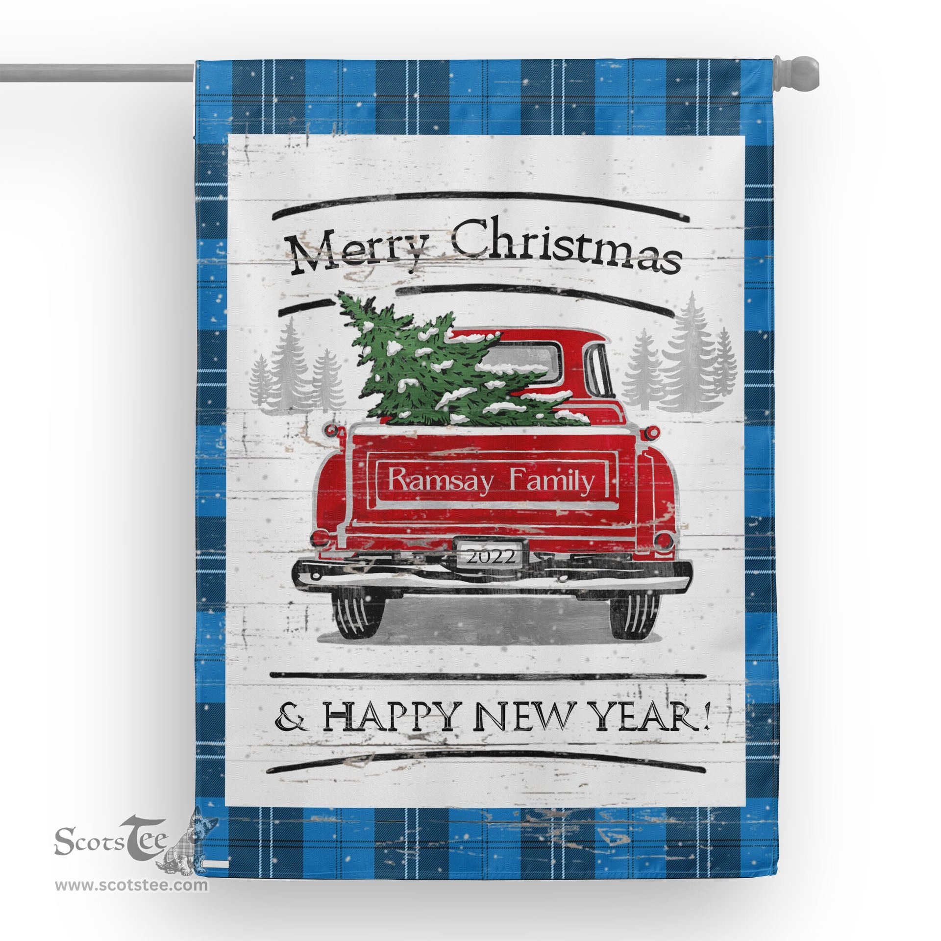 Tartan House Flag Vintage Red Truck with Christmas Tree Family Scottish Clan Ramsay Blue Ancient Tartan Flag, Tartan Garden Flag, Tartan House Flag, Tartan Flag, Crest Garden Flag, Garden Flag, Ireland Garden Flag, Family Crest, Custom Flag, Custom Garden Flag, Ireland Custom Flag, Clan Tartan Flags