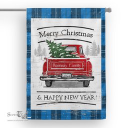 Tartan House Flag Vintage Red Truck with Christmas Tree Family Scottish Clan Ramsay Blue Ancient Tartan Flag, Tartan Garden Flag, Tartan House Flag, Tartan Flag, Crest Garden Flag, Garden Flag, Ireland Garden Flag, Family Crest, Custom Flag, Custom Garden Flag, Ireland Custom Flag, Clan Tartan Flags