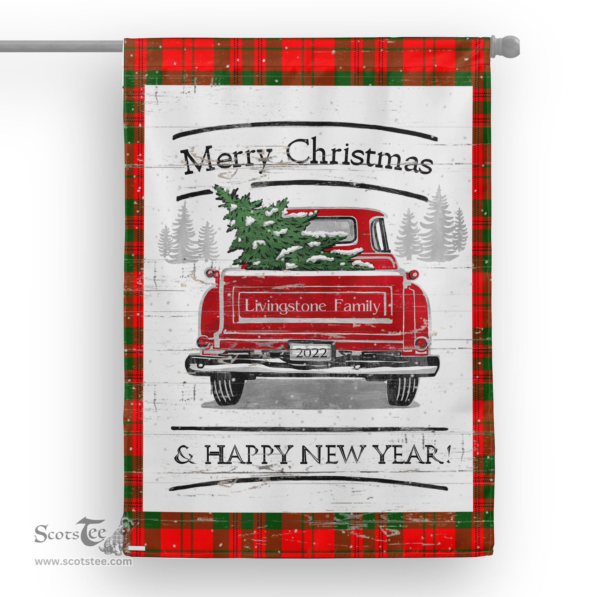 Tartan House Flag Vintage Red Truck with Christmas Tree Family Scottish Clan Livingstone Modern Tartan Flag, Tartan Garden Flag, Tartan House Flag, Tartan Flag, Crest Garden Flag, Garden Flag, Ireland Garden Flag, Family Crest, Custom Flag, Custom Garden Flag, Ireland Custom Flag, Clan Tartan Flags