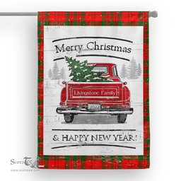Tartan House Flag Vintage Red Truck with Christmas Tree Family Scottish Clan Livingstone Modern Tartan Flag, Tartan Garden Flag, Tartan House Flag, Tartan Flag, Crest Garden Flag, Garden Flag, Ireland Garden Flag, Family Crest, Custom Flag, Custom Garden Flag, Ireland Custom Flag, Clan Tartan Flags