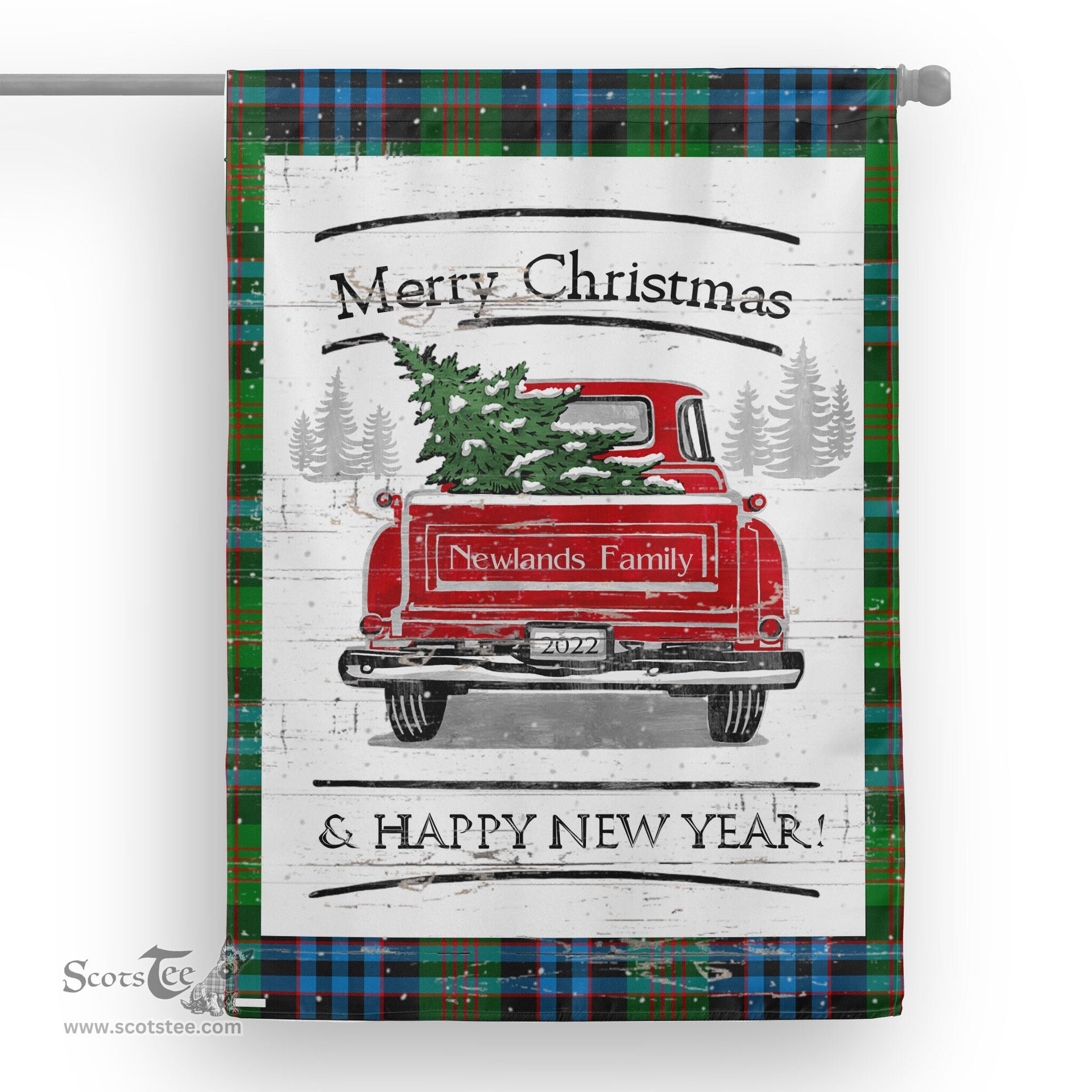 Tartan House Flag Vintage Red Truck with Christmas Tree Family Scottish Clan Newlands Tartan Flag, Tartan Garden Flag, Tartan House Flag, Tartan Flag, Crest Garden Flag, Garden Flag, Ireland Garden Flag, Family Crest, Custom Flag, Custom Garden Flag, Ireland Custom Flag, Clan Tartan Flags