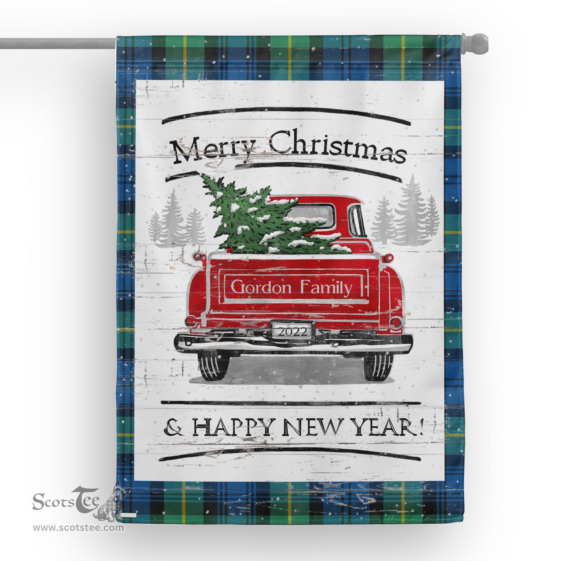 Tartan House Flag Vintage Red Truck with Christmas Tree Family Scottish Clan Gordon Ancient Tartan Flag, Tartan Garden Flag, Tartan House Flag, Tartan Flag, Crest Garden Flag, Garden Flag, Ireland Garden Flag, Family Crest, Custom Flag, Custom Garden Flag, Ireland Custom Flag, Clan Tartan Flags
