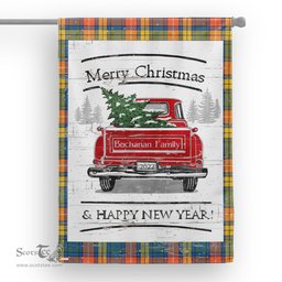 Tartan House Flag Vintage Red Truck with Christmas Tree Family Scottish Clan Buchanan Ancient Tartan Flag, Tartan Garden Flag, Tartan House Flag, Tartan Flag, Crest Garden Flag, Garden Flag, Ireland Garden Flag, Family Crest, Custom Flag, Custom Garden Flag, Ireland Custom Flag, Clan Tartan Flags