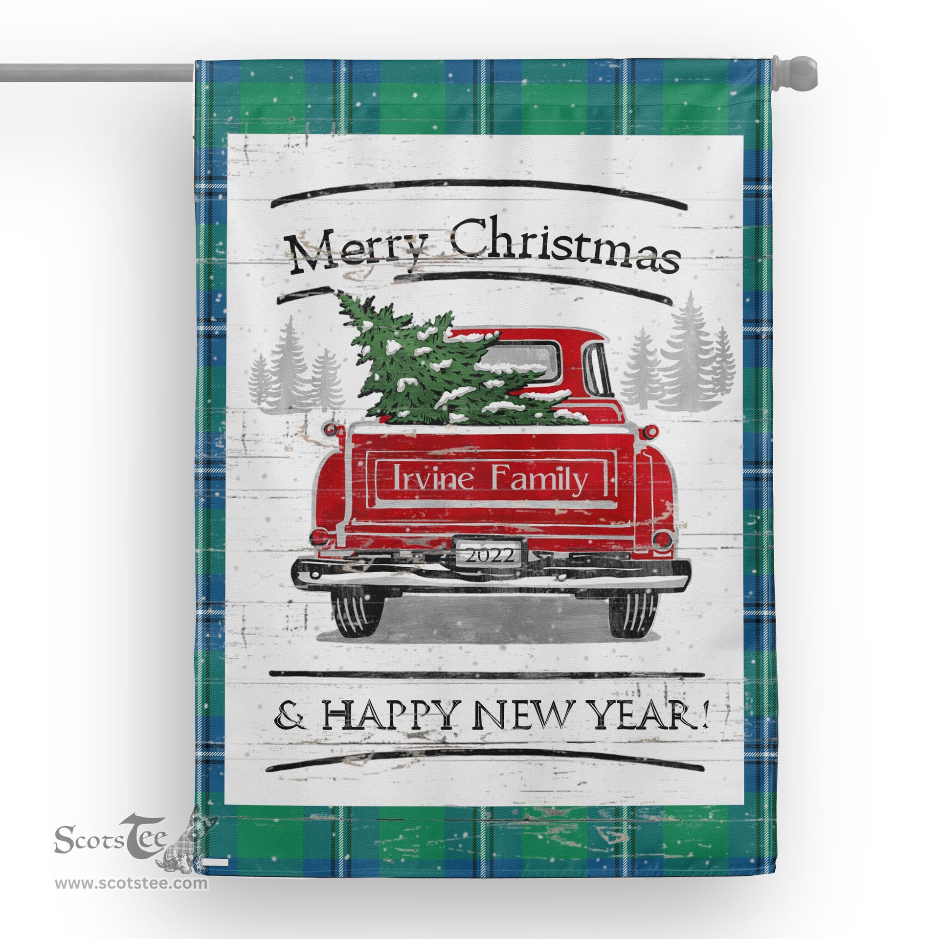 Tartan House Flag Vintage Red Truck with Christmas Tree Family Scottish Clan Irvine Ancient Tartan Flag, Tartan Garden Flag, Tartan House Flag, Tartan Flag, Crest Garden Flag, Garden Flag, Ireland Garden Flag, Family Crest, Custom Flag, Custom Garden Flag, Ireland Custom Flag, Clan Tartan Flags