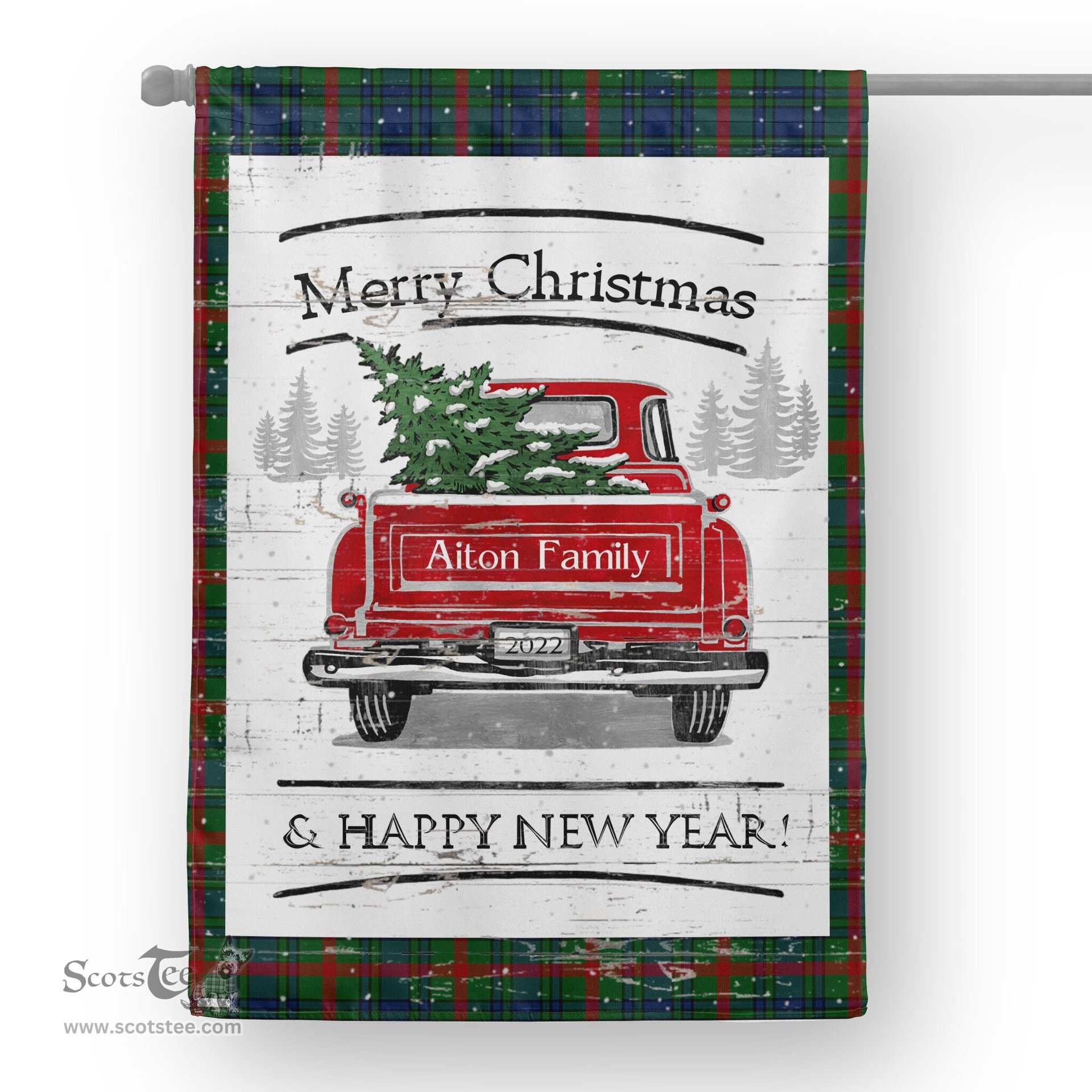 Tartan House Flag Vintage Red Truck with Christmas Tree Family Scottish Clan Aiton Hunting Tartan Flag, Tartan Garden Flag, Tartan House Flag, Tartan Flag, Crest Garden Flag, Garden Flag, Ireland Garden Flag, Family Crest, Custom Flag, Custom Garden Flag, Ireland Custom Flag, Clan Tartan Flags