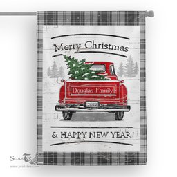 Tartan House Flag Vintage Red Truck with Christmas Tree Family Scottish Clan Douglas Grey Modern Tartan Flag, Tartan Garden Flag, Tartan House Flag, Tartan Flag, Crest Garden Flag, Garden Flag, Ireland Garden Flag, Family Crest, Custom Flag, Custom Garden Flag, Ireland Custom Flag, Clan Tartan Flags