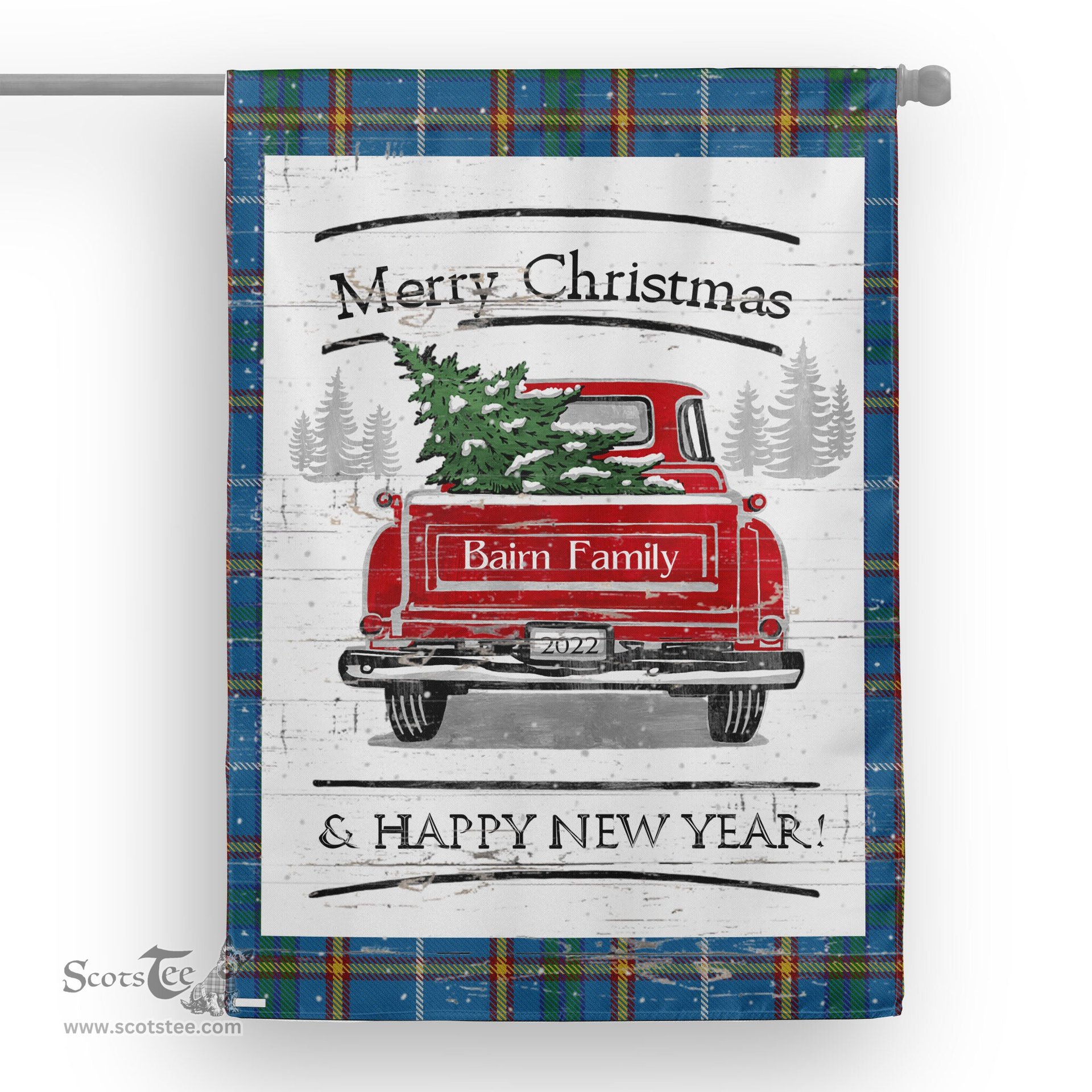 Tartan House Flag Vintage Red Truck with Christmas Tree Family Scottish Clan Bairn Tartan Flag, Tartan Garden Flag, Tartan House Flag, Tartan Flag, Crest Garden Flag, Garden Flag, Ireland Garden Flag, Family Crest, Custom Flag, Custom Garden Flag, Ireland Custom Flag, Clan Tartan Flags