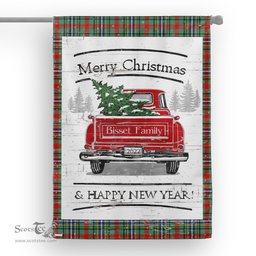 Tartan House Flag Vintage Red Truck with Christmas Tree Family Scottish Clan Bisset Pattern Tartan Flag, Tartan Garden Flag, Tartan House Flag, Tartan Flag, Crest Garden Flag, Garden Flag, Ireland Garden Flag, Family Crest, Custom Flag, Custom Garden Flag, Ireland Custom Flag, Clan Tartan Flags