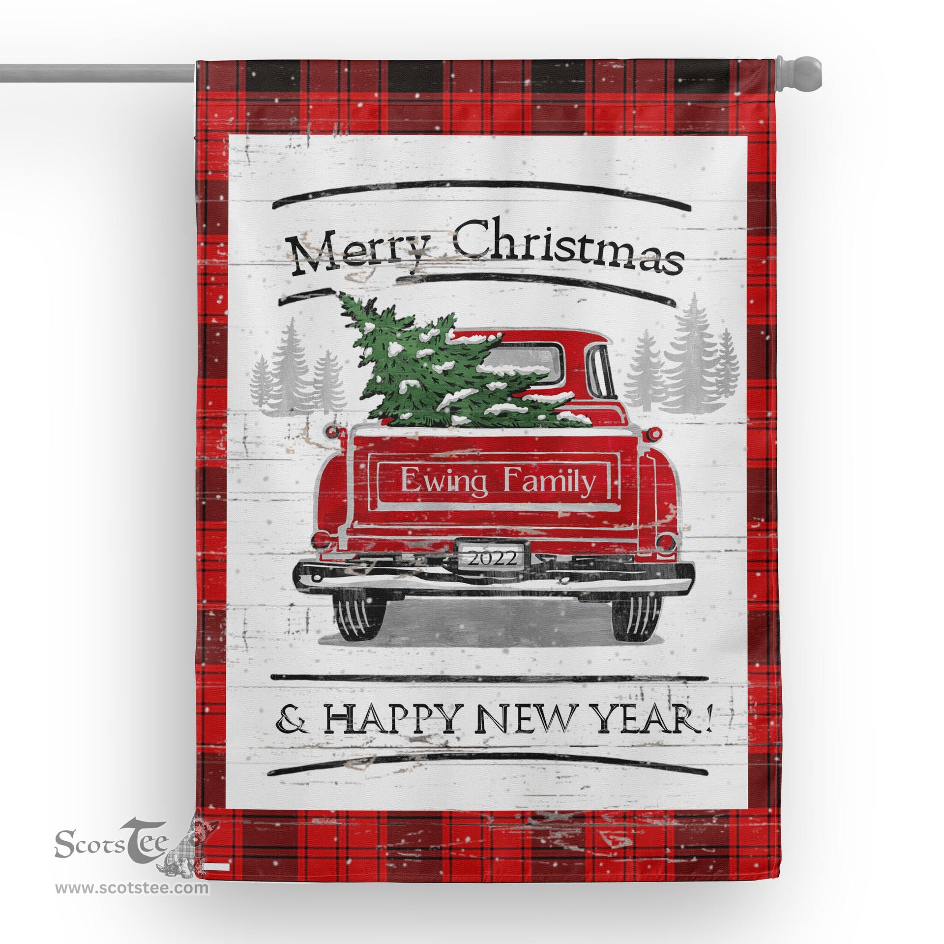 Tartan House Flag Vintage Red Truck with Christmas Tree Family Scottish Clan Ewing Tartan Flag, Tartan Garden Flag, Tartan House Flag, Tartan Flag, Crest Garden Flag, Garden Flag, Ireland Garden Flag, Family Crest, Custom Flag, Custom Garden Flag, Ireland Custom Flag, Clan Tartan Flags