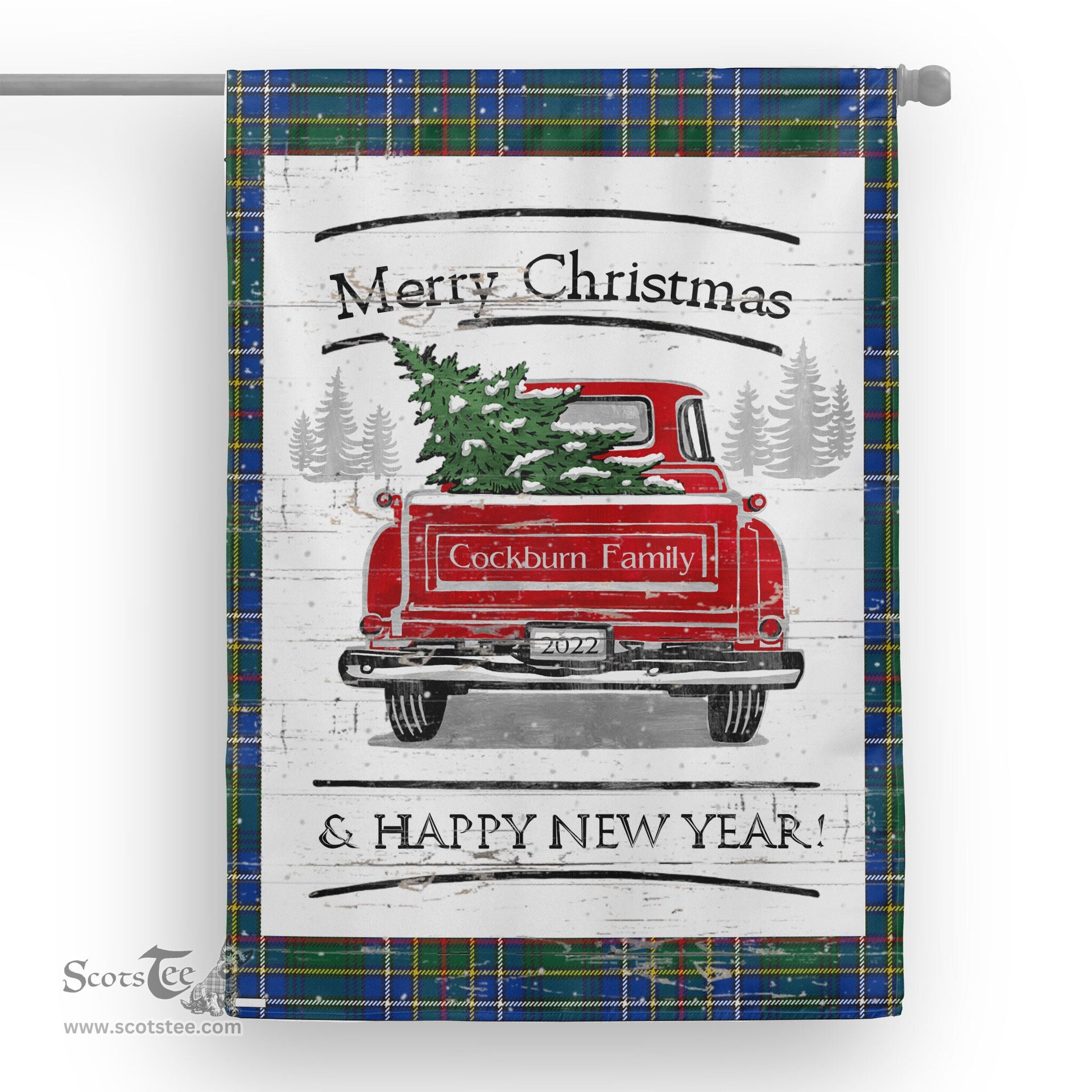Tartan House Flag Vintage Red Truck with Christmas Tree Family Scottish Clan Cockburn Ancient Tartan Flag, Tartan Garden Flag, Tartan House Flag, Tartan Flag, Crest Garden Flag, Garden Flag, Ireland Garden Flag, Family Crest, Custom Flag, Custom Garden Flag, Ireland Custom Flag, Clan Tartan Flags