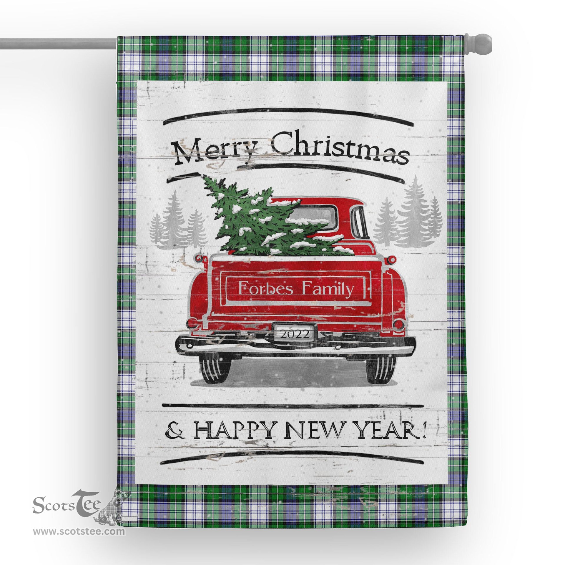 Tartan House Flag Vintage Red Truck with Christmas Tree Family Scottish Clan Forbes Dress Tartan Flag, Tartan Garden Flag, Tartan House Flag, Tartan Flag, Crest Garden Flag, Garden Flag, Ireland Garden Flag, Family Crest, Custom Flag, Custom Garden Flag, Ireland Custom Flag, Clan Tartan Flags