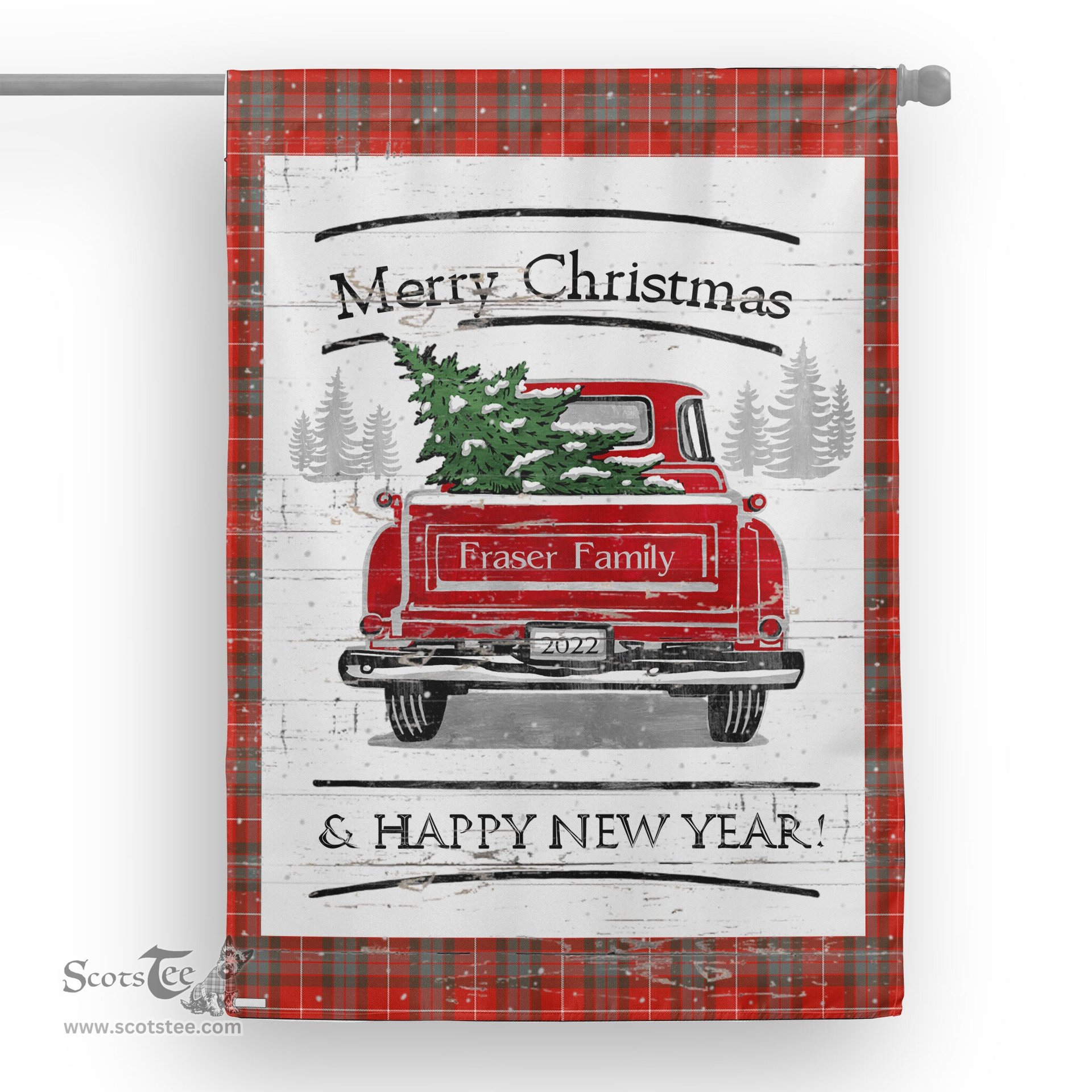 Tartan House Flag Vintage Red Truck with Christmas Tree Family Scottish Clan Fraser Weathered Tartan Flag, Tartan Garden Flag, Tartan House Flag, Tartan Flag, Crest Garden Flag, Garden Flag, Ireland Garden Flag, Family Crest, Custom Flag, Custom Garden Flag, Ireland Custom Flag, Clan Tartan Flags