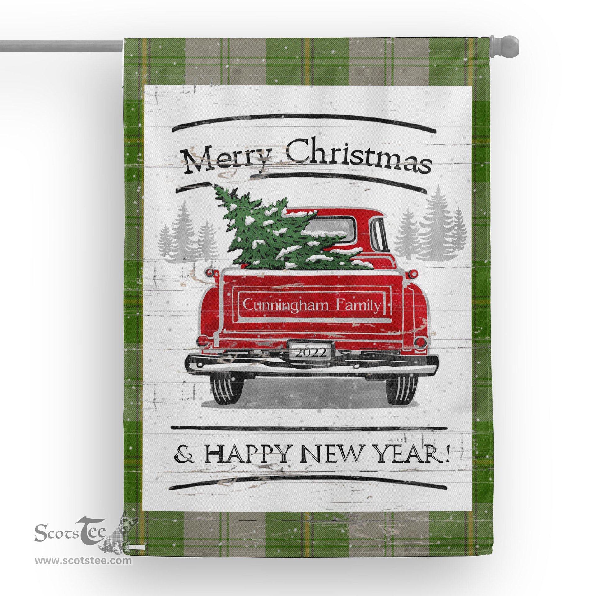 Tartan House Flag Vintage Red Truck with Christmas Tree Family Scottish Clan Cunningham Dress Green Dancers Tartan Flag, Tartan Garden Flag, Tartan House Flag, Tartan Flag, Crest Garden Flag, Garden Flag, Ireland Garden Flag, Family Crest, Custom Flag, Custom Garden Flag, Ireland Custom Flag, Clan Tartan Flags