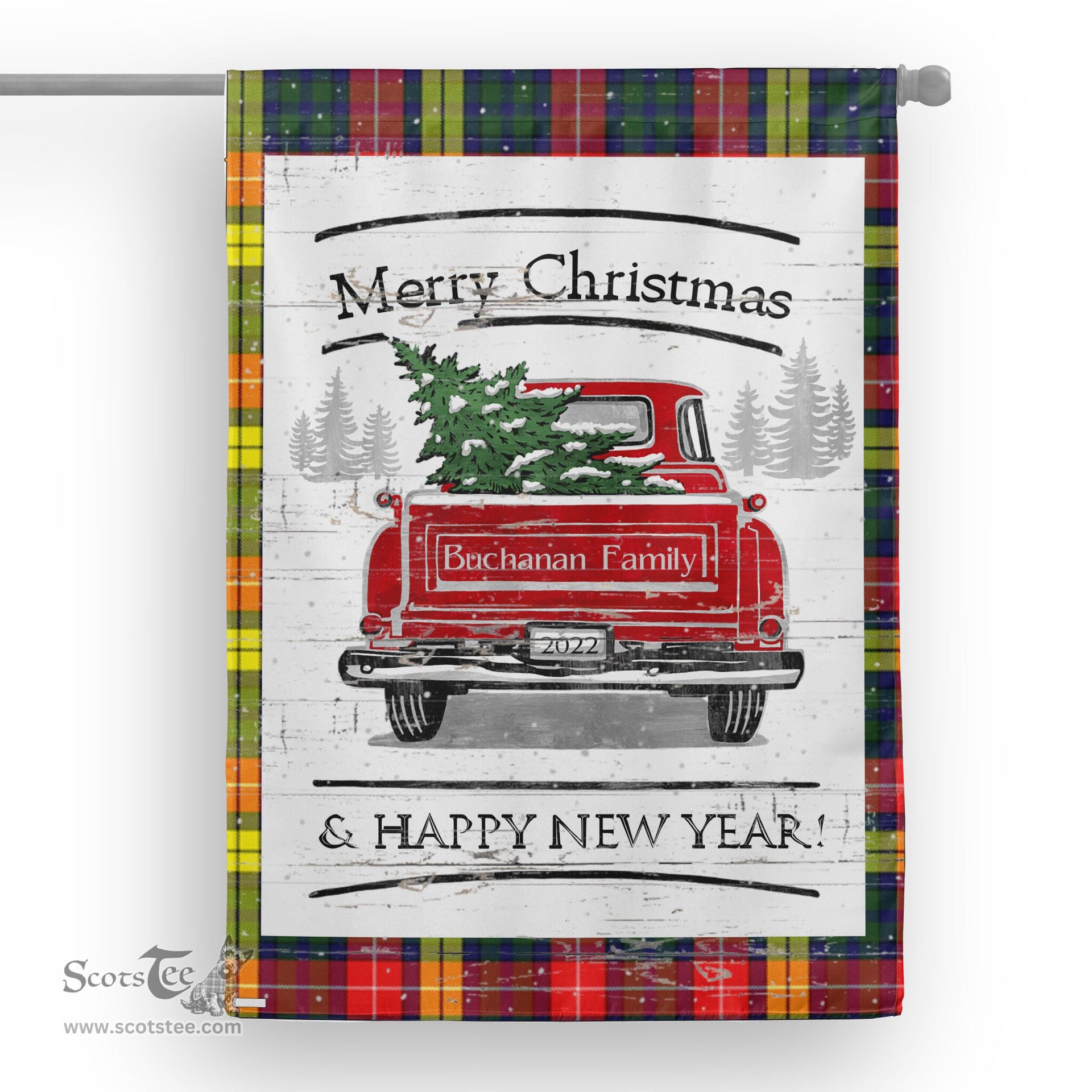 Tartan House Flag Vintage Red Truck with Christmas Tree Family Scottish Clan Buchanan Modern Tartan Flag, Tartan Garden Flag, Tartan House Flag, Tartan Flag, Crest Garden Flag, Garden Flag, Ireland Garden Flag, Family Crest, Custom Flag, Custom Garden Flag, Ireland Custom Flag, Clan Tartan Flags