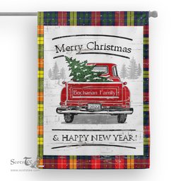 Tartan House Flag Vintage Red Truck with Christmas Tree Family Scottish Clan Buchanan Modern Tartan Flag, Tartan Garden Flag, Tartan House Flag, Tartan Flag, Crest Garden Flag, Garden Flag, Ireland Garden Flag, Family Crest, Custom Flag, Custom Garden Flag, Ireland Custom Flag, Clan Tartan Flags