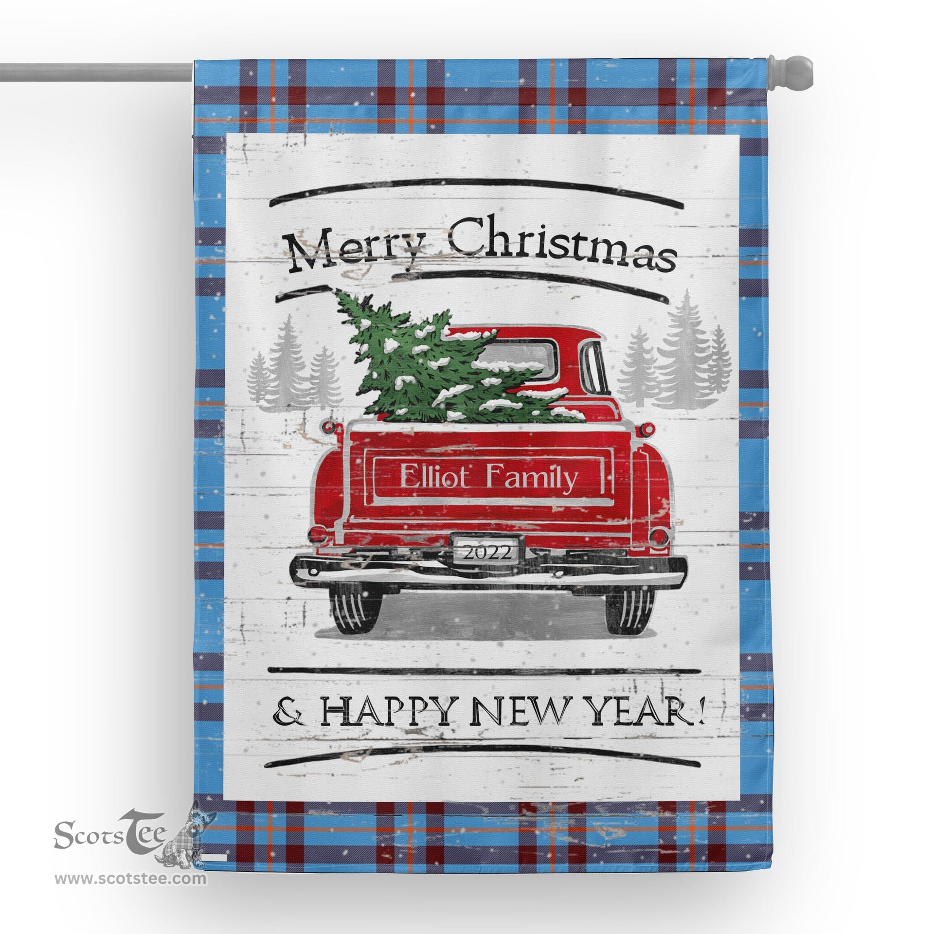 Tartan House Flag Vintage Red Truck with Christmas Tree Family Scottish Clan Elliot Ancient Tartan Flag, Tartan Garden Flag, Tartan House Flag, Tartan Flag, Crest Garden Flag, Garden Flag, Ireland Garden Flag, Family Crest, Custom Flag, Custom Garden Flag, Ireland Custom Flag, Clan Tartan Flags