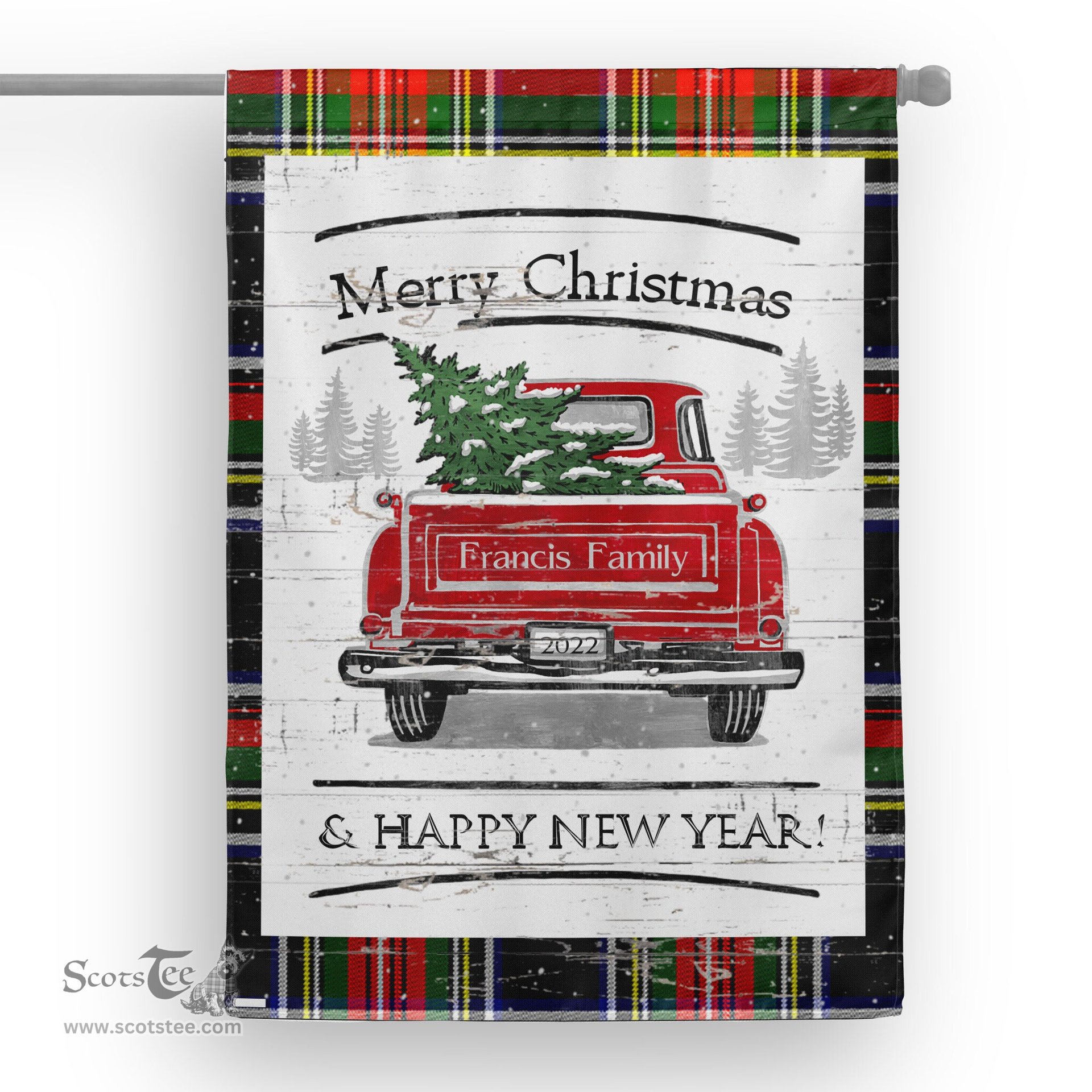 Tartan House Flag Vintage Red Truck with Christmas Tree Family Scottish Clan Francis Tartan Flag, Tartan Garden Flag, Tartan House Flag, Tartan Flag, Crest Garden Flag, Garden Flag, Ireland Garden Flag, Family Crest, Custom Flag, Custom Garden Flag, Ireland Custom Flag, Clan Tartan Flags