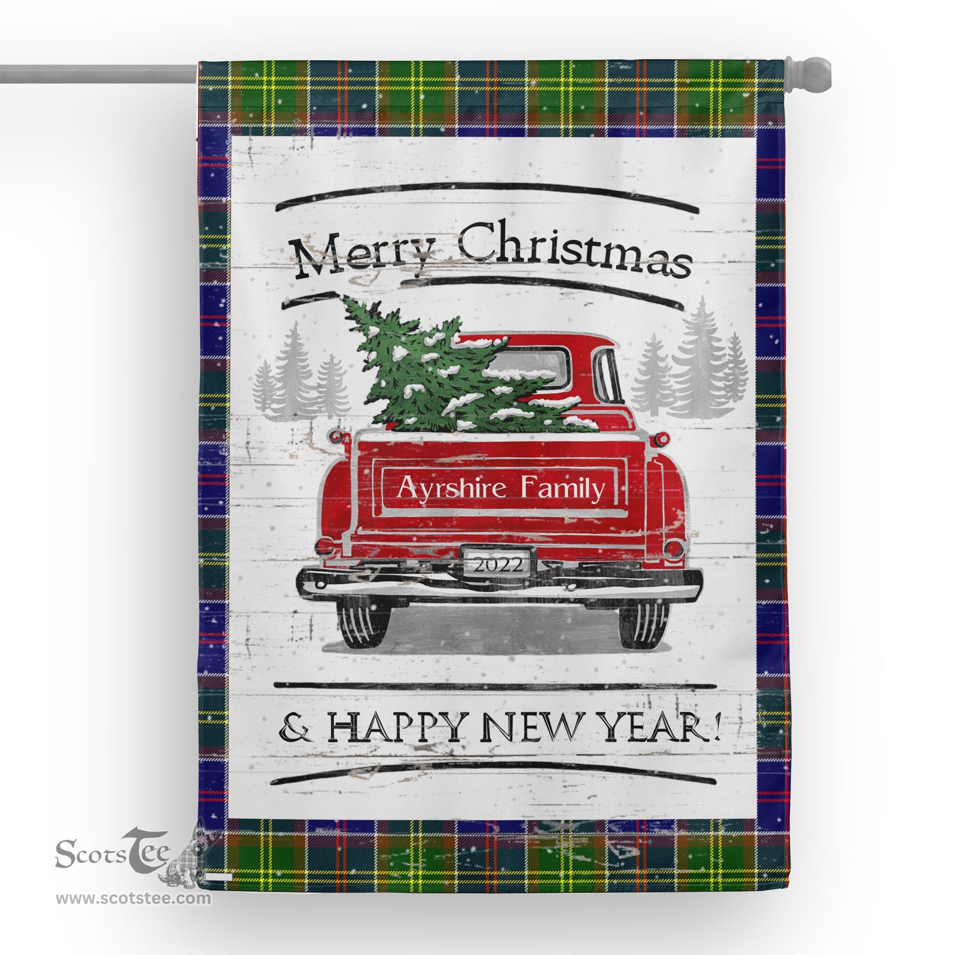 Tartan House Flag Vintage Red Truck with Christmas Tree Family Scottish Clan Ayrshire Tartan Flag, Tartan Garden Flag, Tartan House Flag, Tartan Flag, Crest Garden Flag, Garden Flag, Ireland Garden Flag, Family Crest, Custom Flag, Custom Garden Flag, Ireland Custom Flag, Clan Tartan Flags