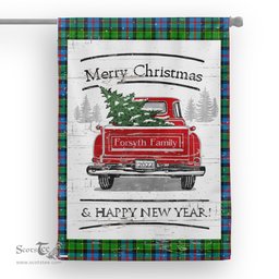 Tartan House Flag Vintage Red Truck with Christmas Tree Family Scottish Clan Forsyth Modern Tartan Flag, Tartan Garden Flag, Tartan House Flag, Tartan Flag, Crest Garden Flag, Garden Flag, Ireland Garden Flag, Family Crest, Custom Flag, Custom Garden Flag, Ireland Custom Flag, Clan Tartan Flags