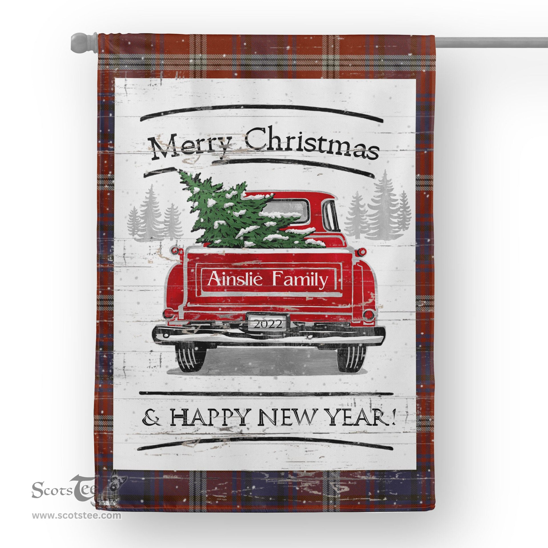 Tartan House Flag Vintage Red Truck with Christmas Tree Family Scottish Clan Ainslie Ancient Tartan Flag, Tartan Garden Flag, Tartan House Flag, Tartan Flag, Crest Garden Flag, Garden Flag, Ireland Garden Flag, Family Crest, Custom Flag, Custom Garden Flag, Ireland Custom Flag, Clan Tartan Flags