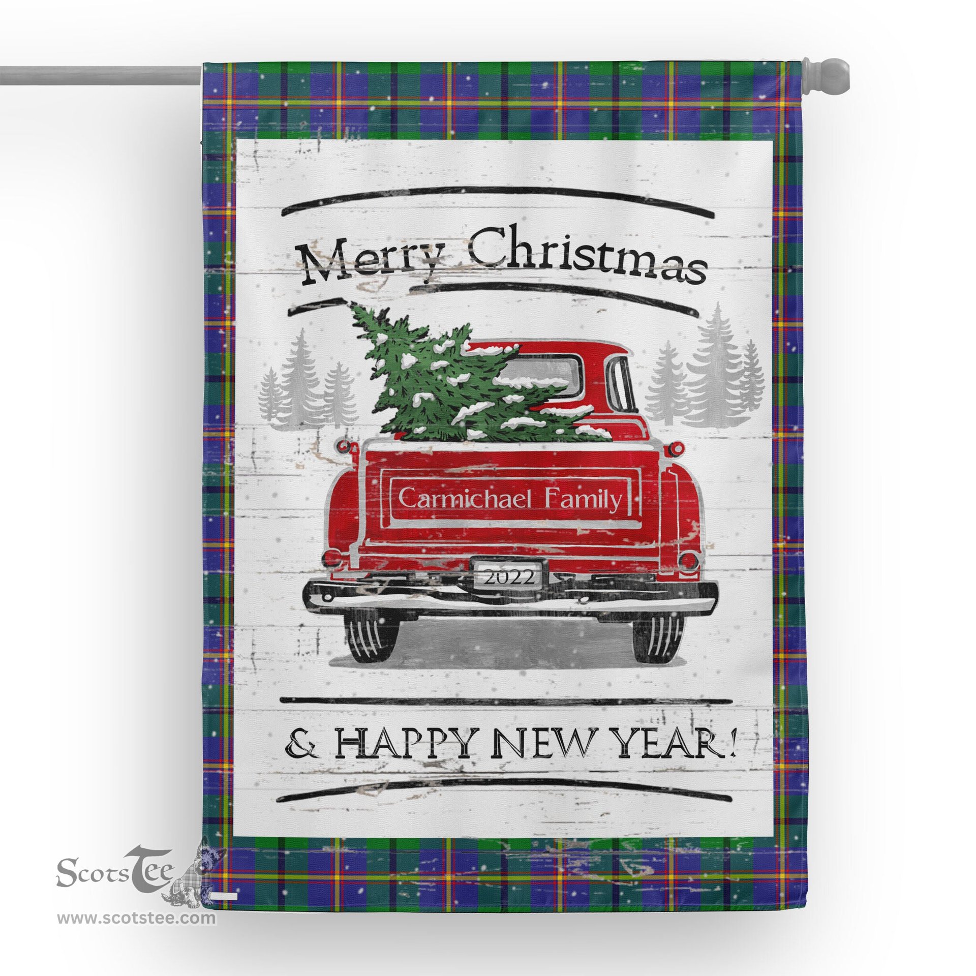 Tartan House Flag Vintage Red Truck with Christmas Tree Family Scottish Clan Carmichael Tartan Flag, Tartan Garden Flag, Tartan House Flag, Tartan Flag, Crest Garden Flag, Garden Flag, Ireland Garden Flag, Family Crest, Custom Flag, Custom Garden Flag, Ireland Custom Flag, Clan Tartan Flags
