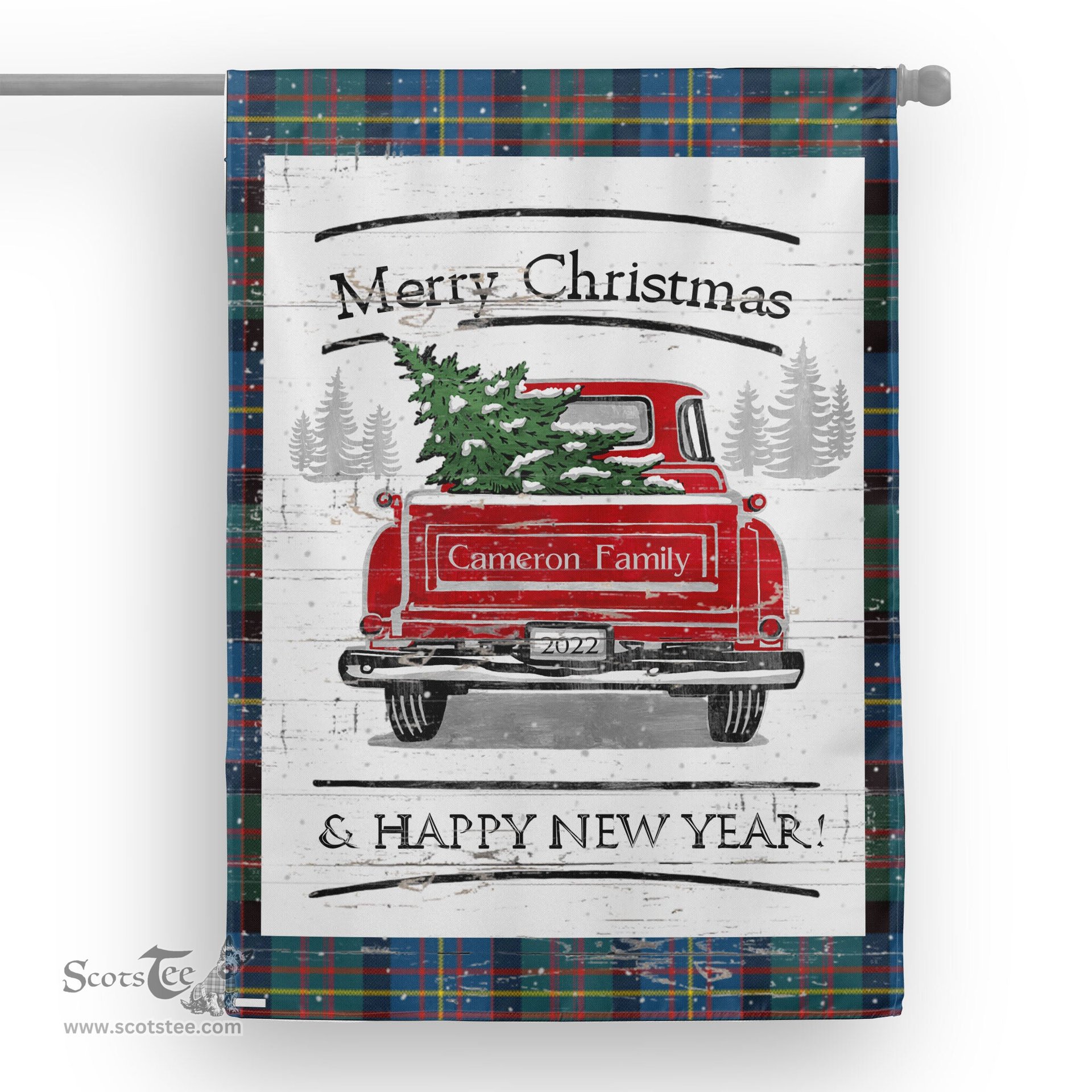 Tartan House Flag Vintage Red Truck with Christmas Tree Family Scottish Clan Cameron of Erracht Ancient Tartan Flag, Tartan Garden Flag, Tartan House Flag, Tartan Flag, Crest Garden Flag, Garden Flag, Ireland Garden Flag, Family Crest, Custom Flag, Custom Garden Flag, Ireland Custom Flag, Clan Tartan Flags