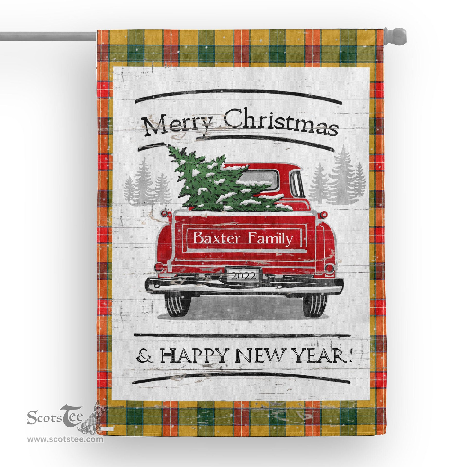 Tartan House Flag Vintage Red Truck with Christmas Tree Family Scottish Clan Baxter Tartan Flag, Tartan Garden Flag, Tartan House Flag, Tartan Flag, Crest Garden Flag, Garden Flag, Ireland Garden Flag, Family Crest, Custom Flag, Custom Garden Flag, Ireland Custom Flag, Clan Tartan Flags