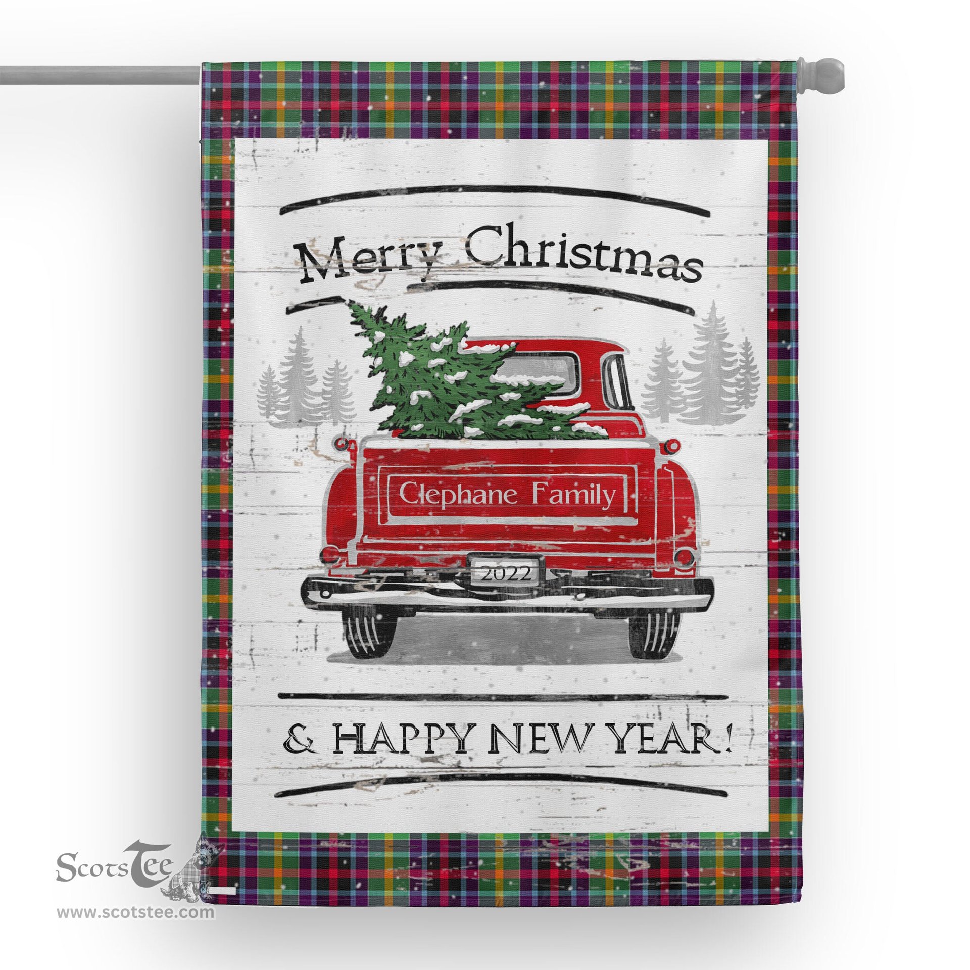 Tartan House Flag Vintage Red Truck with Christmas Tree Family Scottish Clan Clephane Tartan Flag, Tartan Garden Flag, Tartan House Flag, Tartan Flag, Crest Garden Flag, Garden Flag, Ireland Garden Flag, Family Crest, Custom Flag, Custom Garden Flag, Ireland Custom Flag, Clan Tartan Flags