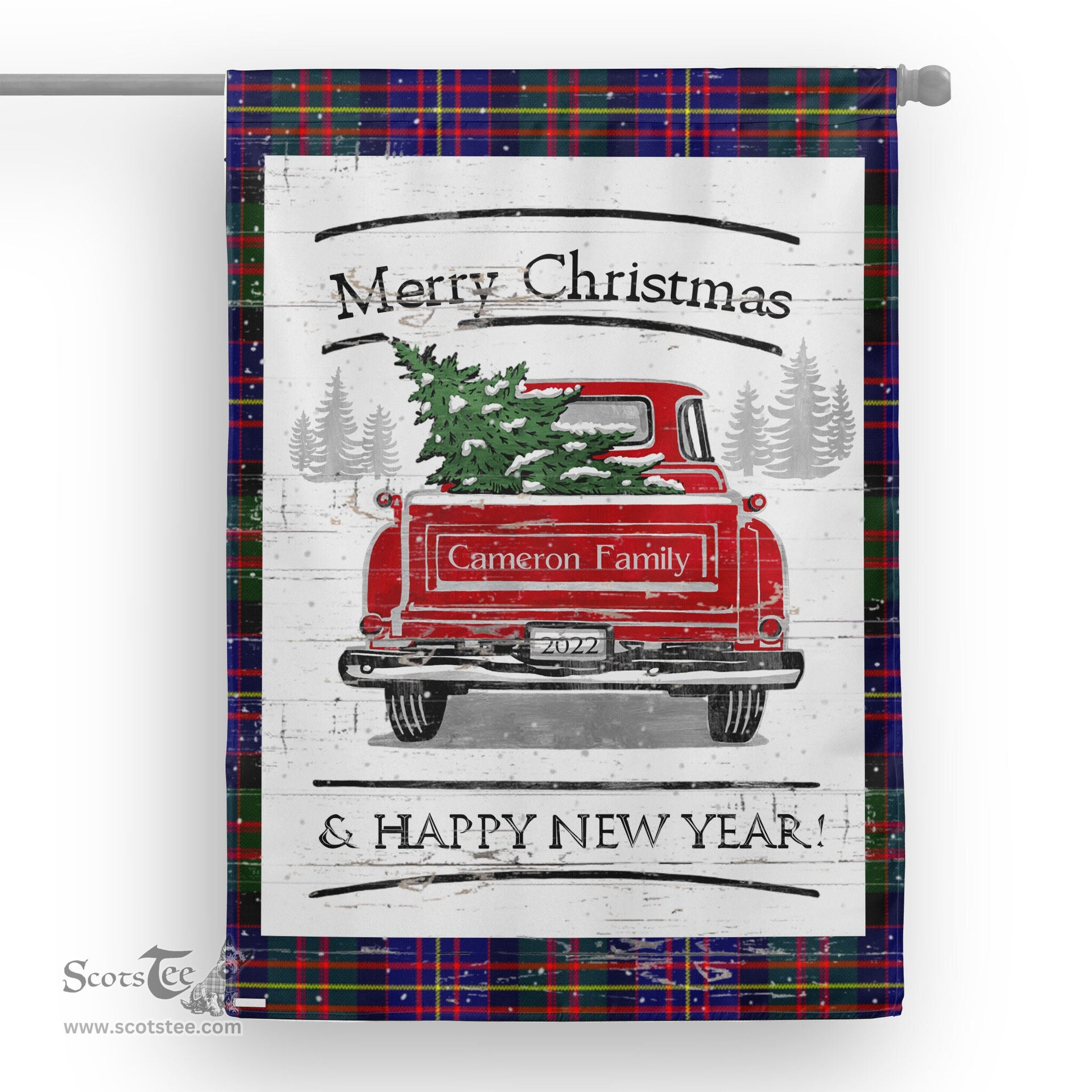 Tartan House Flag Vintage Red Truck with Christmas Tree Family Scottish Clan Cameron Of Erracht Modern Tartan Flag, Tartan Garden Flag, Tartan House Flag, Tartan Flag, Crest Garden Flag, Garden Flag, Ireland Garden Flag, Family Crest, Custom Flag, Custom Garden Flag, Ireland Custom Flag, Clan Tartan Flags