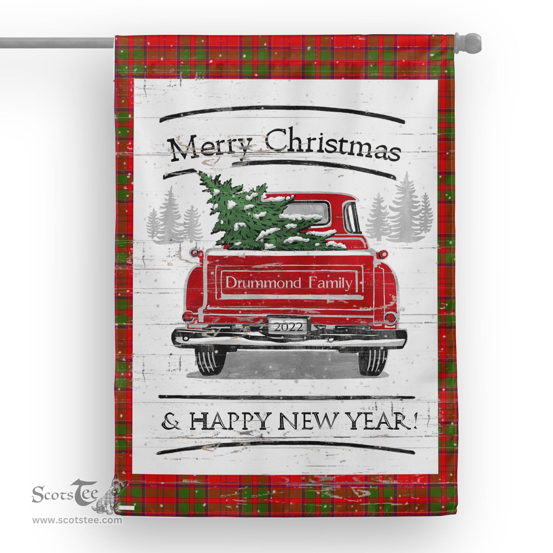 Tartan House Flag Vintage Red Truck with Christmas Tree Family Scottish Clan Drummond Tartan Flag, Tartan Garden Flag, Tartan House Flag, Tartan Flag, Crest Garden Flag, Garden Flag, Ireland Garden Flag, Family Crest, Custom Flag, Custom Garden Flag, Ireland Custom Flag, Clan Tartan Flags