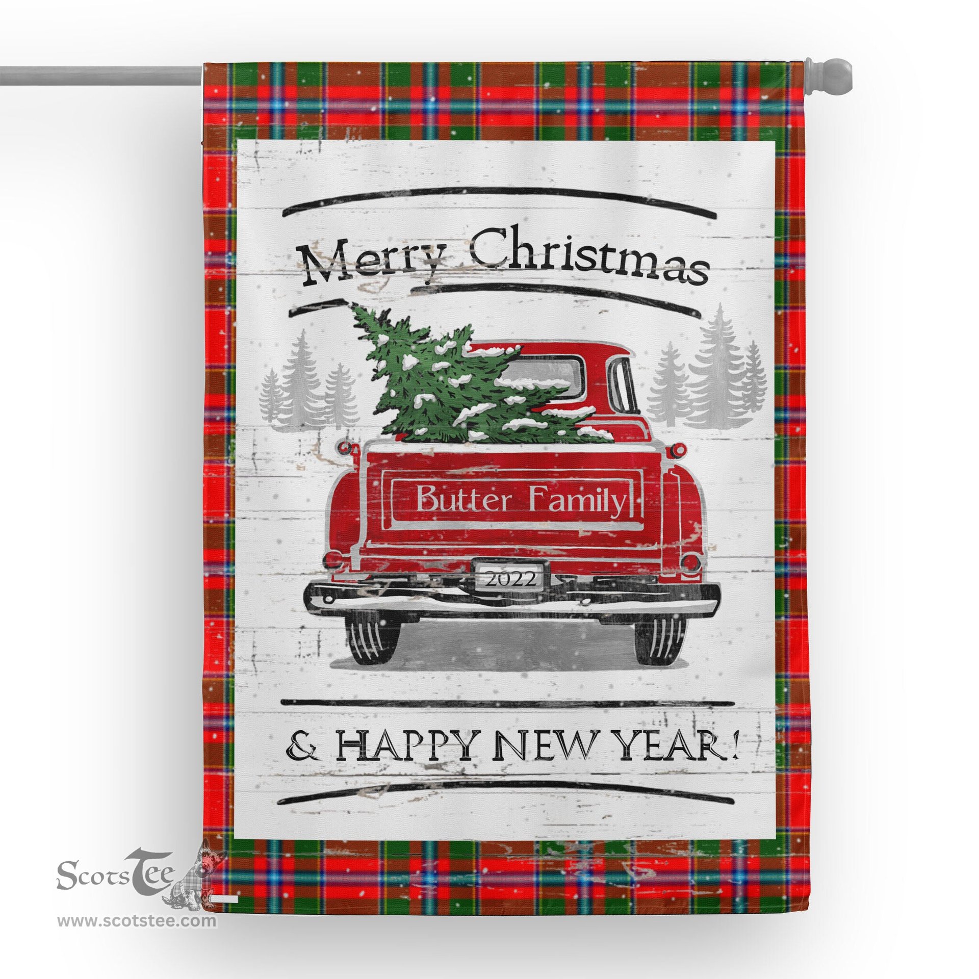 Tartan House Flag Vintage Red Truck with Christmas Tree Family Scottish Clan Butter Check Tartan Flag, Tartan Garden Flag, Tartan House Flag, Tartan Flag, Crest Garden Flag, Garden Flag, Ireland Garden Flag, Family Crest, Custom Flag, Custom Garden Flag, Ireland Custom Flag, Clan Tartan Flags