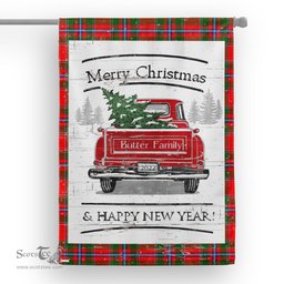Tartan House Flag Vintage Red Truck with Christmas Tree Family Scottish Clan Butter Check Tartan Flag, Tartan Garden Flag, Tartan House Flag, Tartan Flag, Crest Garden Flag, Garden Flag, Ireland Garden Flag, Family Crest, Custom Flag, Custom Garden Flag, Ireland Custom Flag, Clan Tartan Flags