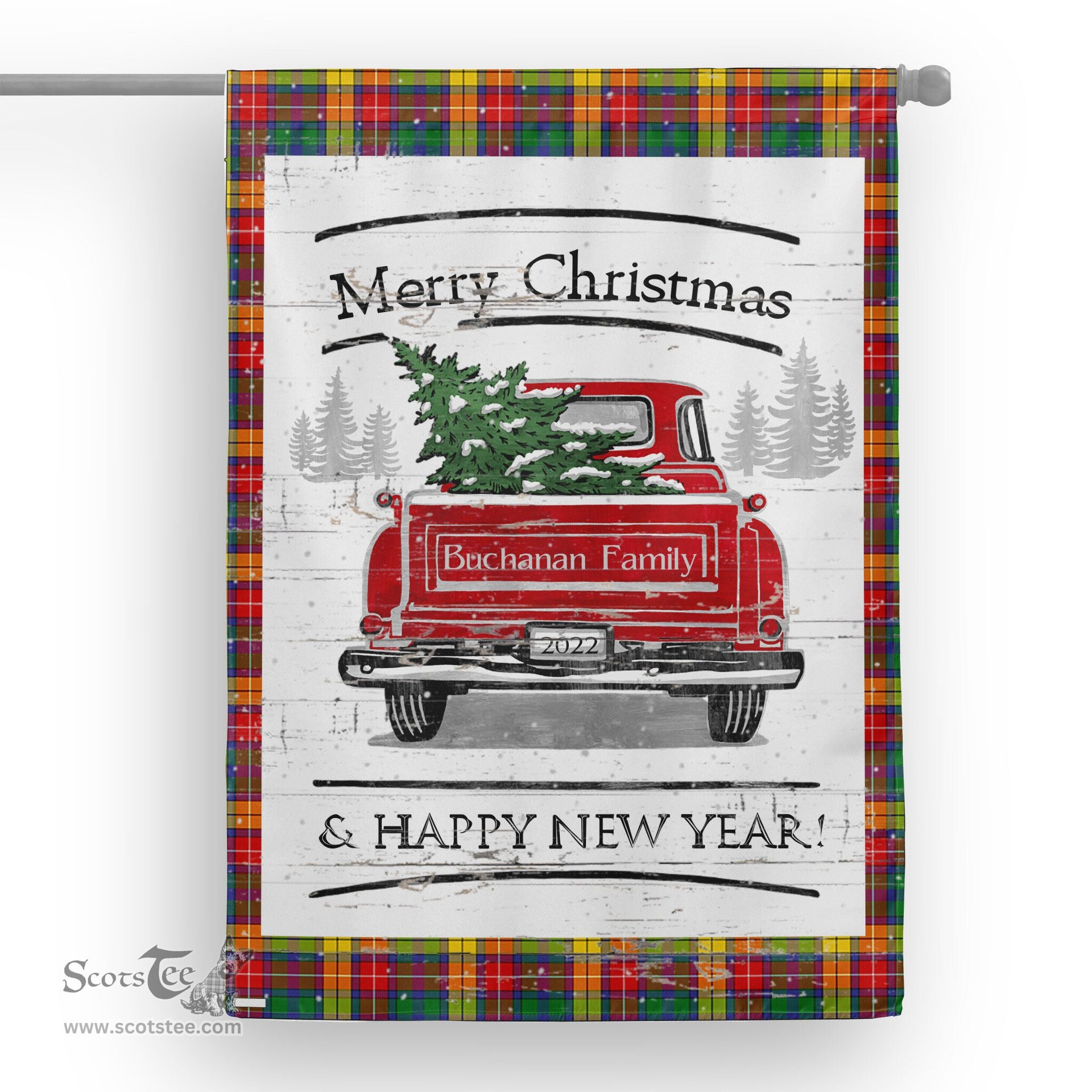 Tartan House Flag Vintage Red Truck with Christmas Tree Family Scottish Clan Buchanan Tartan Flag, Tartan Garden Flag, Tartan House Flag, Tartan Flag, Crest Garden Flag, Garden Flag, Ireland Garden Flag, Family Crest, Custom Flag, Custom Garden Flag, Ireland Custom Flag, Clan Tartan Flags