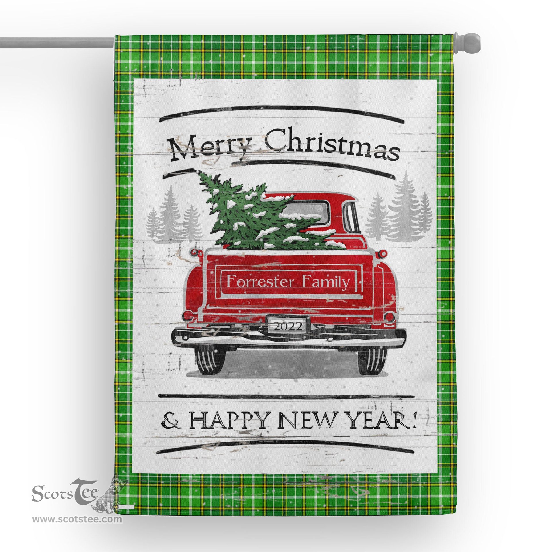 Tartan House Flag Vintage Red Truck with Christmas Tree Family Scottish Clan Forrester Hunting Tartan Flag, Tartan Garden Flag, Tartan House Flag, Tartan Flag, Crest Garden Flag, Garden Flag, Ireland Garden Flag, Family Crest, Custom Flag, Custom Garden Flag, Ireland Custom Flag, Clan Tartan Flags