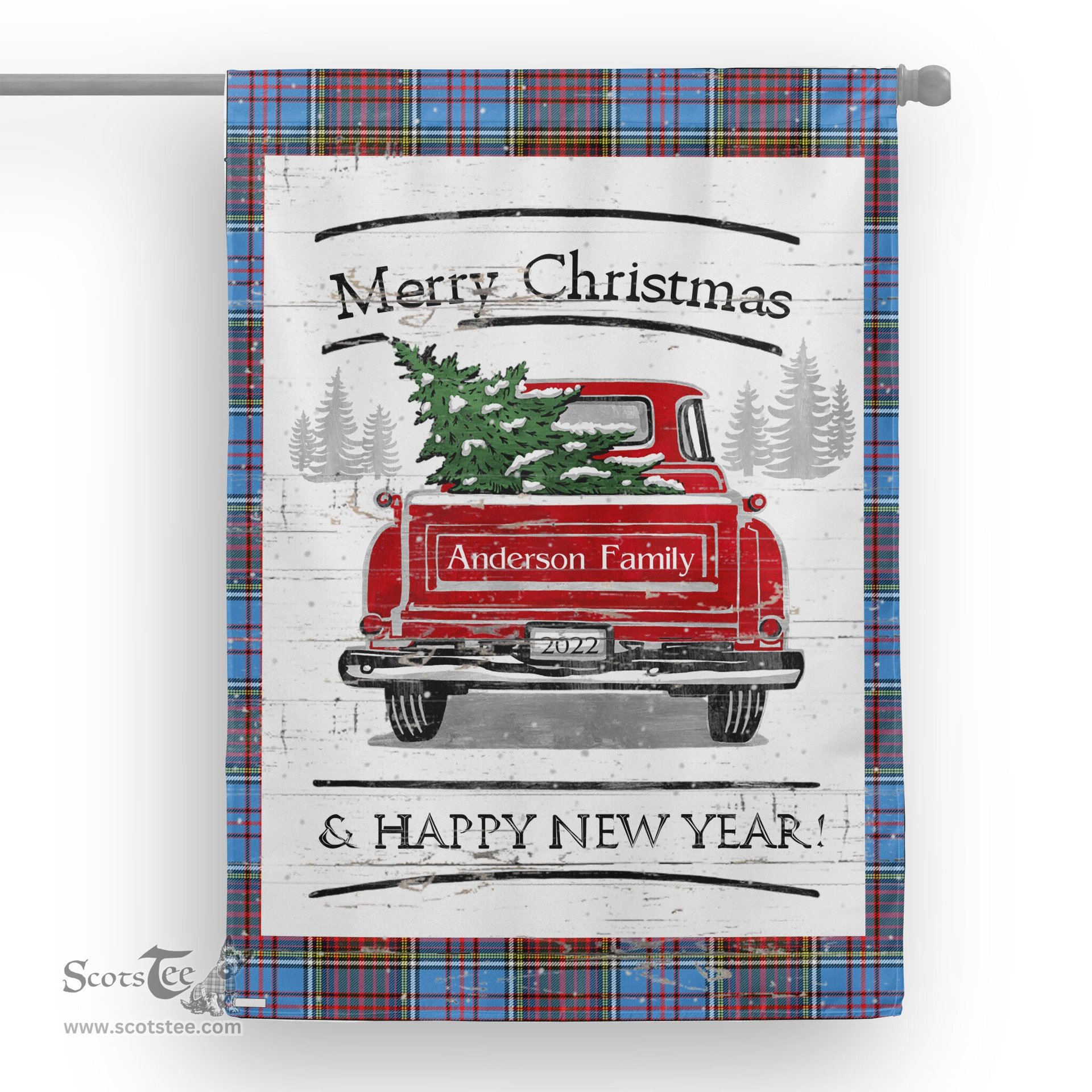 Tartan House Flag Vintage Red Truck with Christmas Tree Family Scottish Clan Anderson Modern Tartan Flag, Tartan Garden Flag, Tartan House Flag, Tartan Flag, Crest Garden Flag, Garden Flag, Ireland Garden Flag, Family Crest, Custom Flag, Custom Garden Flag, Ireland Custom Flag, Clan Tartan Flags