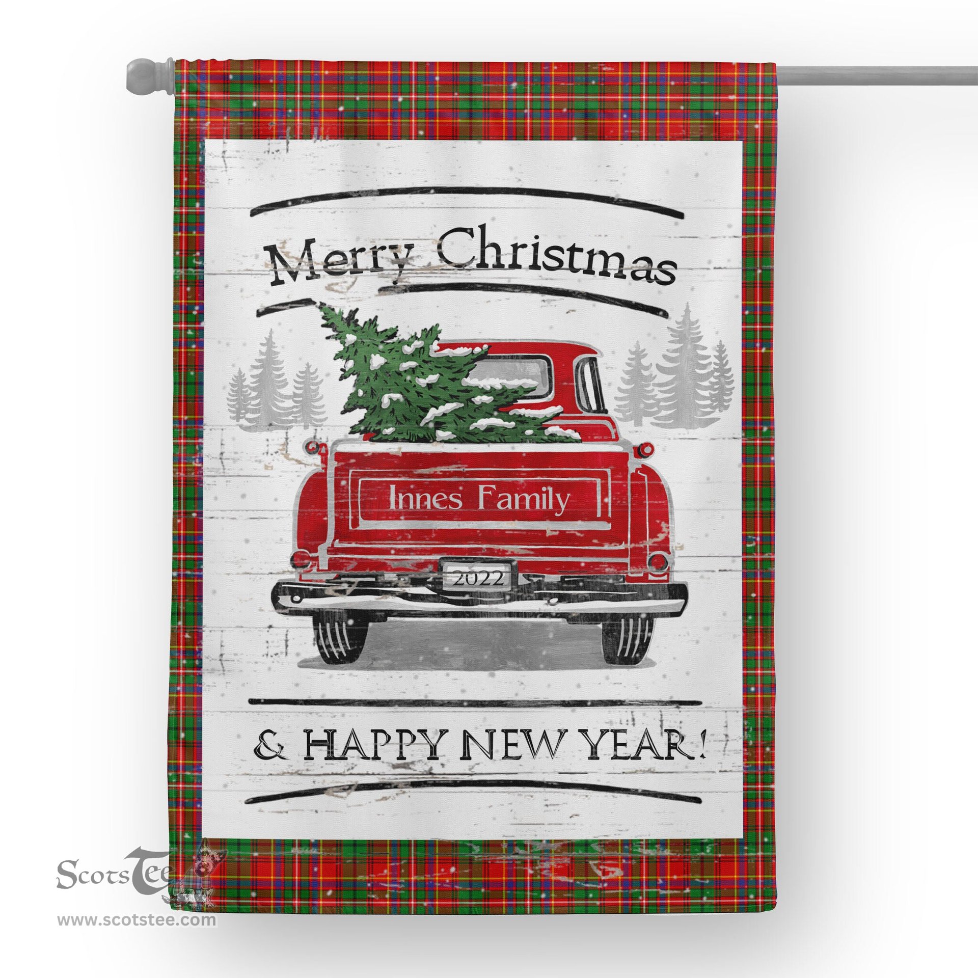 Tartan House Flag Vintage Red Truck with Christmas Tree Family Scottish Clan Innes Modern Tartan Flag, Tartan Garden Flag, Tartan House Flag, Tartan Flag, Crest Garden Flag, Garden Flag, Ireland Garden Flag, Family Crest, Custom Flag, Custom Garden Flag, Ireland Custom Flag, Clan Tartan Flags