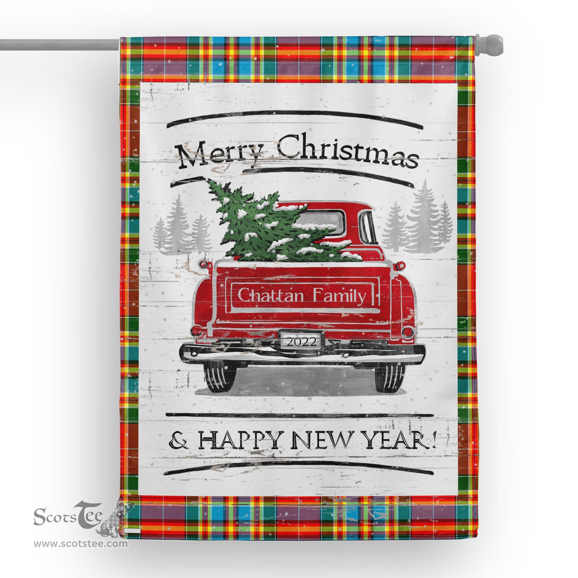 Tartan House Flag Vintage Red Truck with Christmas Tree Family Scottish Clan Chattan Modern Tartan Flag, Tartan Garden Flag, Tartan House Flag, Tartan Flag, Crest Garden Flag, Garden Flag, Ireland Garden Flag, Family Crest, Custom Flag, Custom Garden Flag, Ireland Custom Flag, Clan Tartan Flags