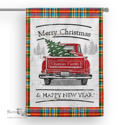 Tartan House Flag Vintage Red Truck with Christmas Tree Family Scottish Clan Chattan Modern Tartan Flag, Tartan Garden Flag, Tartan House Flag, Tartan Flag, Crest Garden Flag, Garden Flag, Ireland Garden Flag, Family Crest, Custom Flag, Custom Garden Flag, Ireland Custom Flag, Clan Tartan Flags