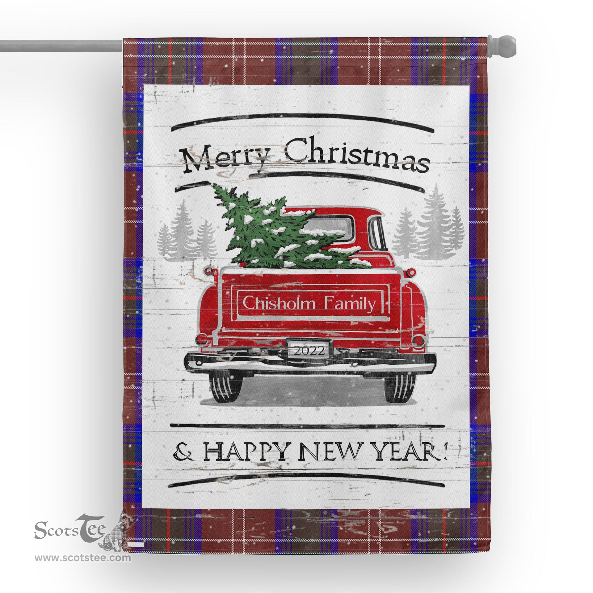 Tartan House Flag Vintage Red Truck with Christmas Tree Family Scottish Clan Chisholm Hunting Modern Tartan Flag, Tartan Garden Flag, Tartan House Flag, Tartan Flag, Crest Garden Flag, Garden Flag, Ireland Garden Flag, Family Crest, Custom Flag, Custom Garden Flag, Ireland Custom Flag, Clan Tartan Flags