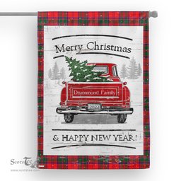 Tartan House Flag Vintage Red Truck with Christmas Tree Family Scottish Clan Drummond Modern Tartan Flag, Tartan Garden Flag, Tartan House Flag, Tartan Flag, Crest Garden Flag, Garden Flag, Ireland Garden Flag, Family Crest, Custom Flag, Custom Garden Flag, Ireland Custom Flag, Clan Tartan Flags