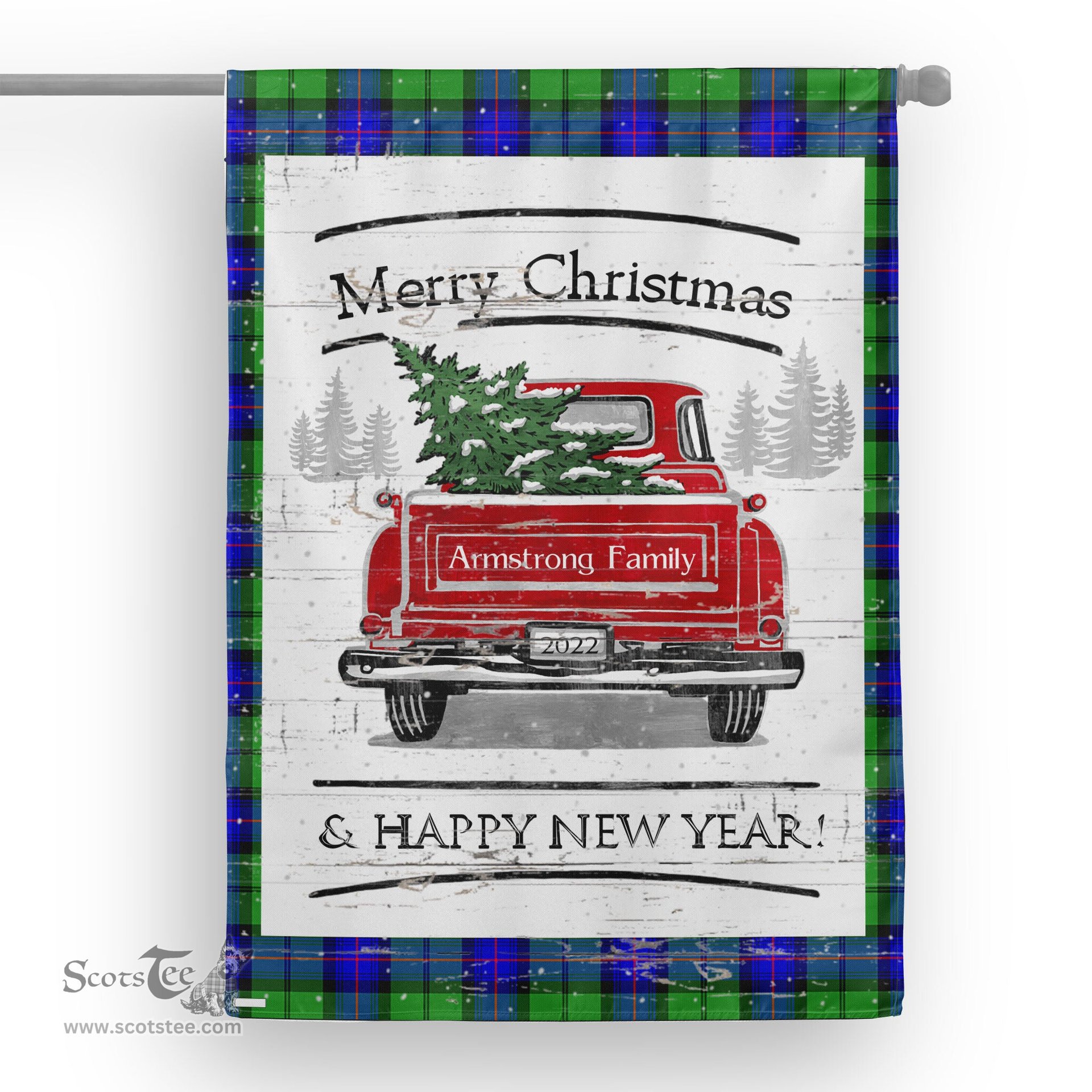 Tartan House Flag Vintage Red Truck with Christmas Tree Family Scottish Clan Armstrong Hunting Tartan Flag, Tartan Garden Flag, Tartan House Flag, Tartan Flag, Crest Garden Flag, Garden Flag, Ireland Garden Flag, Family Crest, Custom Flag, Custom Garden Flag, Ireland Custom Flag, Clan Tartan Flags