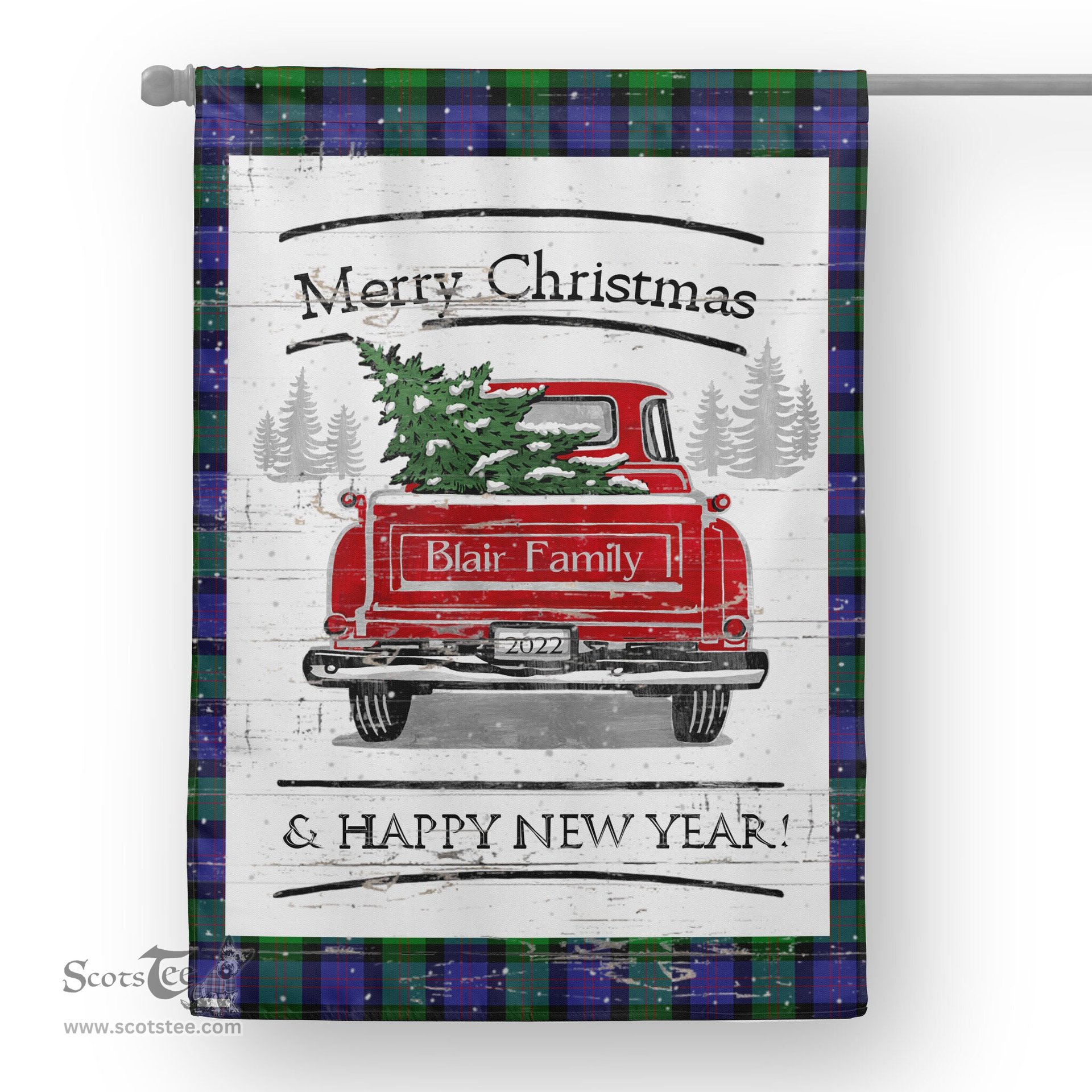 Tartan House Flag Vintage Red Truck with Christmas Tree Family Scottish Clan Blair Modern Tartan Flag, Tartan Garden Flag, Tartan House Flag, Tartan Flag, Crest Garden Flag, Garden Flag, Ireland Garden Flag, Family Crest, Custom Flag, Custom Garden Flag, Ireland Custom Flag, Clan Tartan Flags